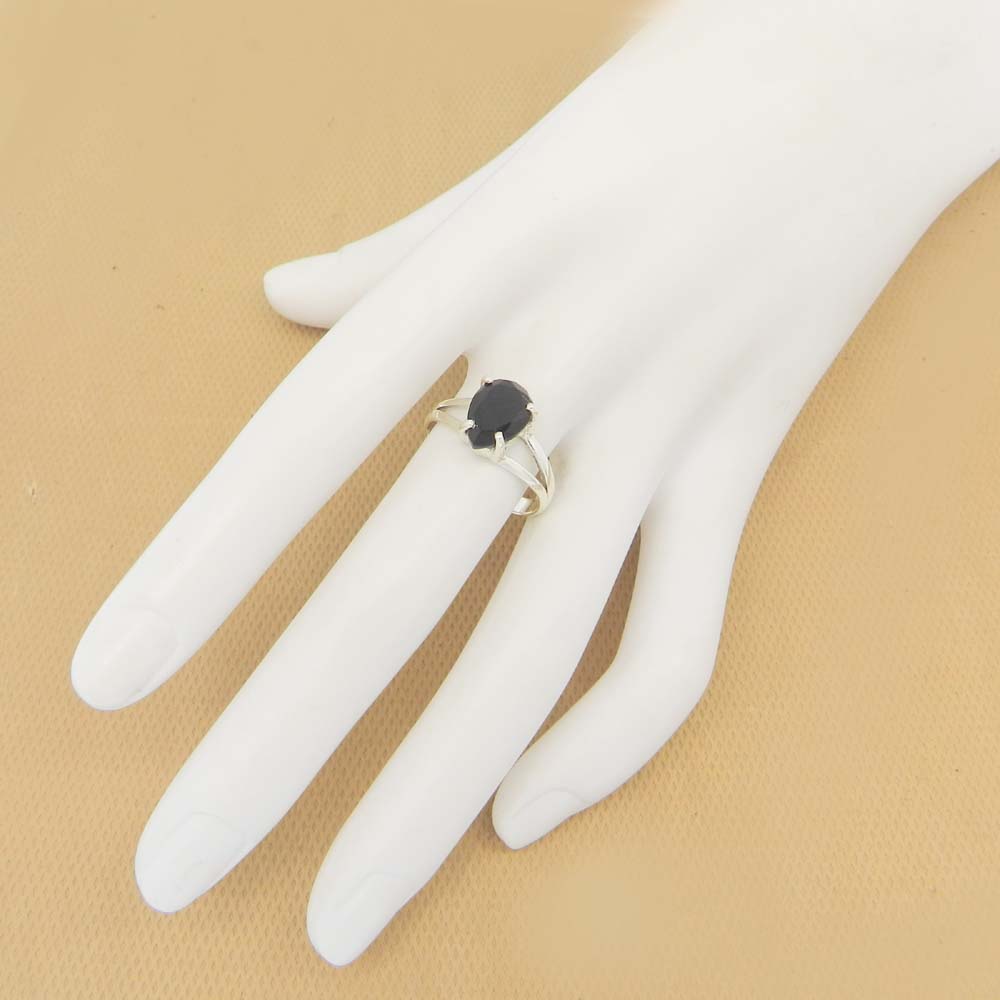 Black Onyx 10x7mm Pear 18k Gold Plated Silver Prong Set Ring