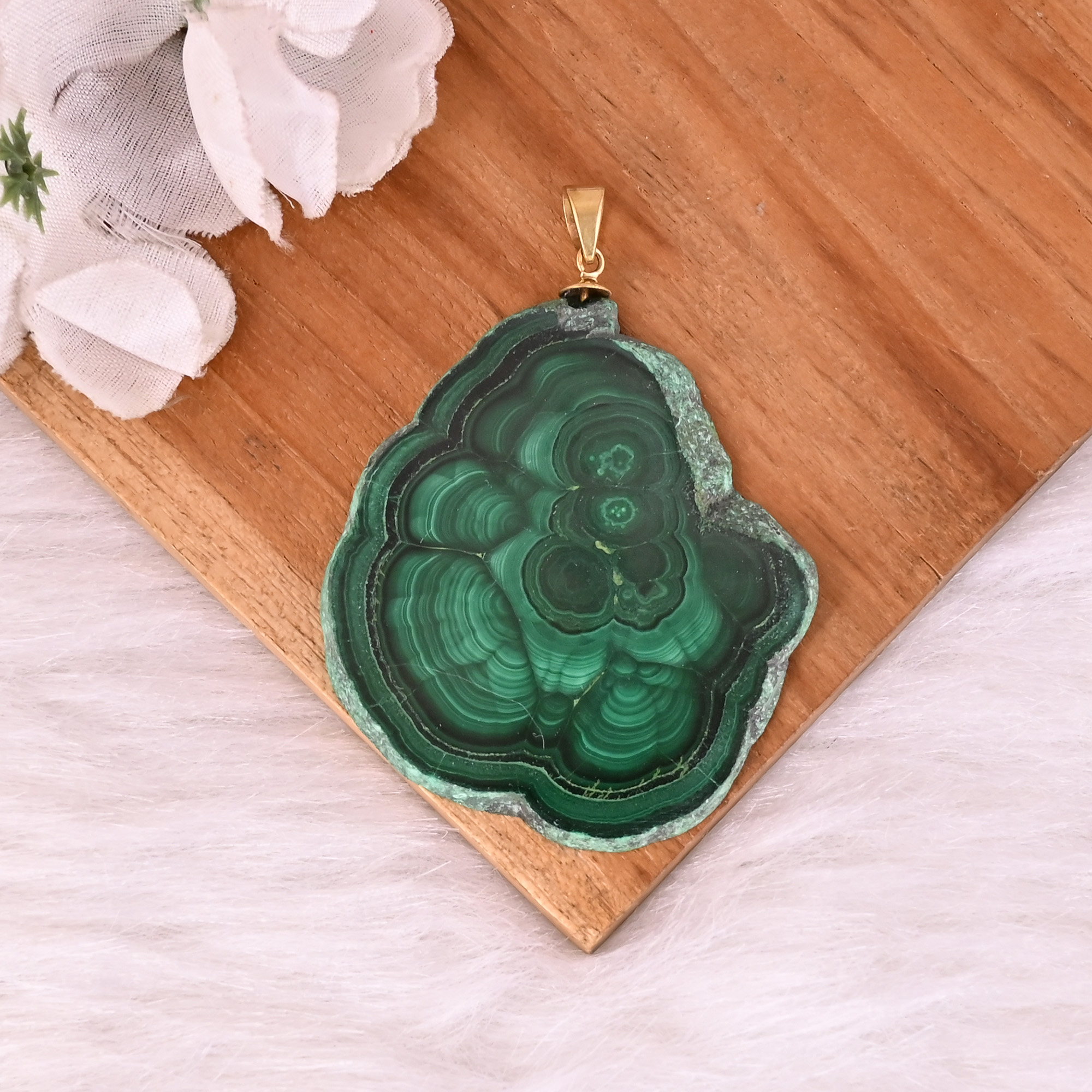 Natural Malachite Stalactite Brass  328 gm Unique Green Stone Pendant