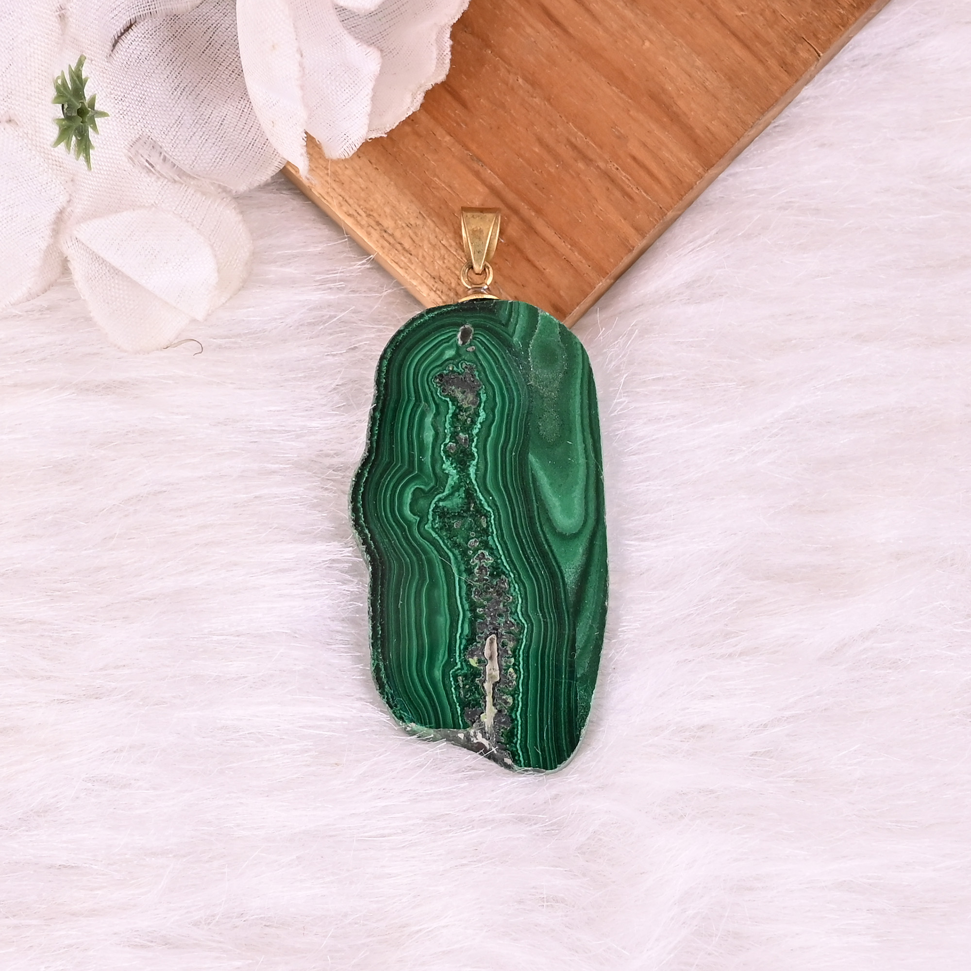 Natural Malachite Stalactite Brass Pendant 188 gm Unique Stone Jewelry