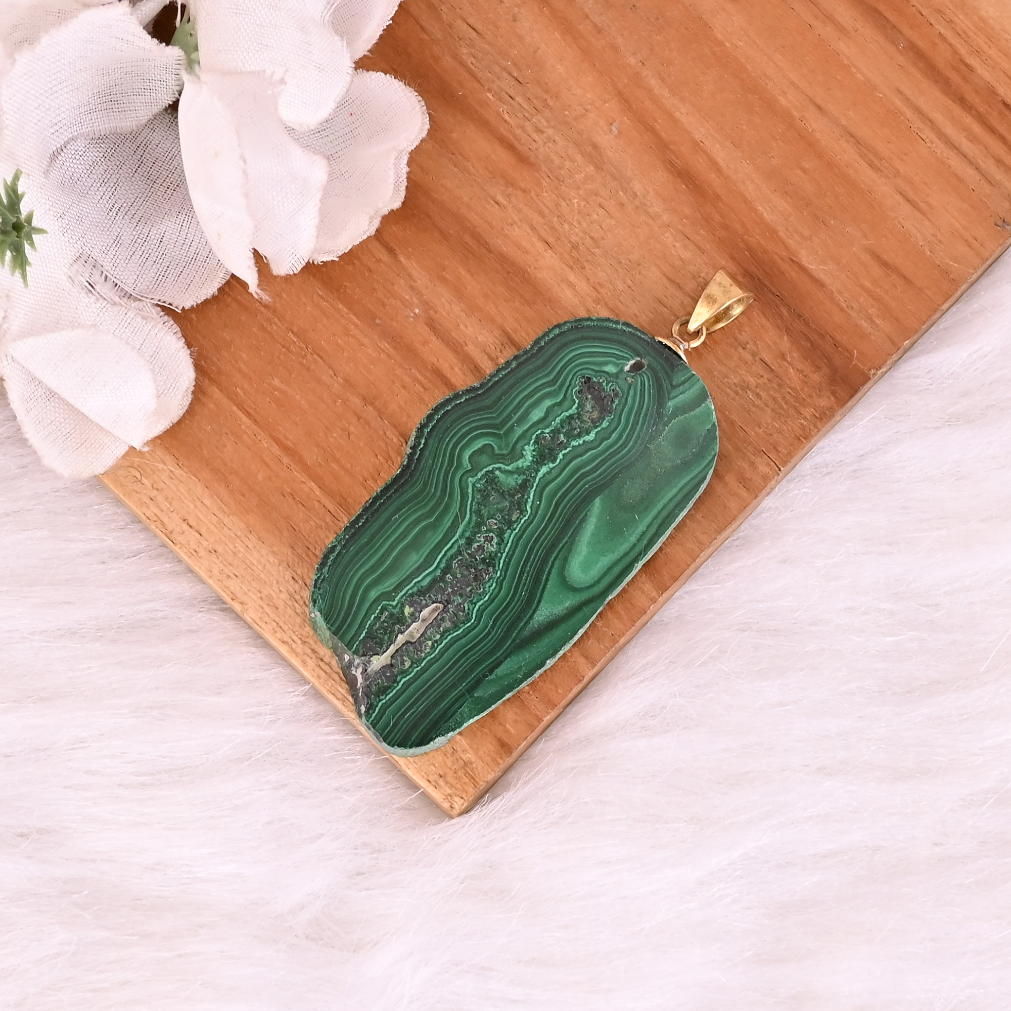 Natural Malachite Stalactite Brass Pendant 188 gm Unique Stone Jewelry