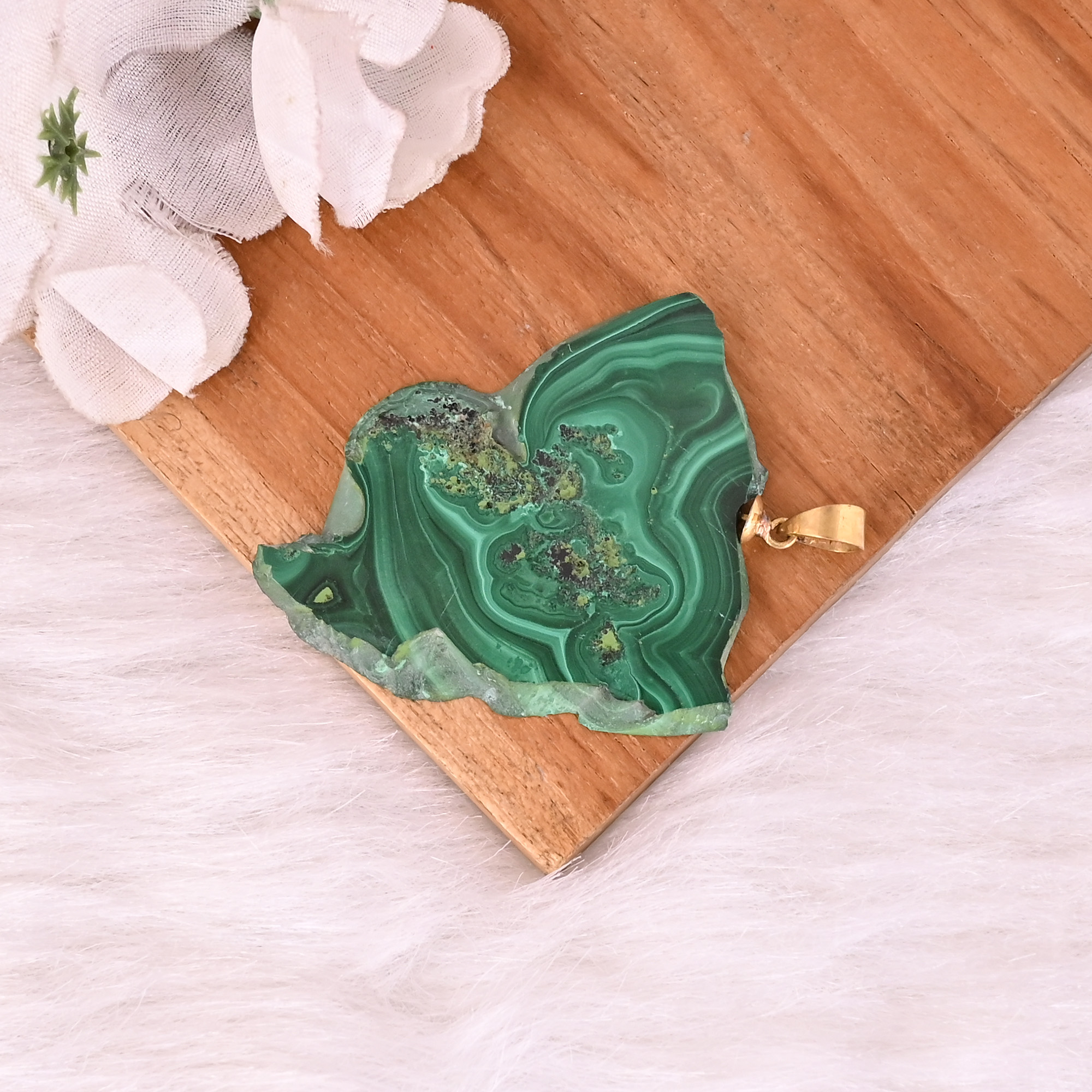 Natural Malachite Stalactite Brass  213 gm Unique Green Stone Pendant