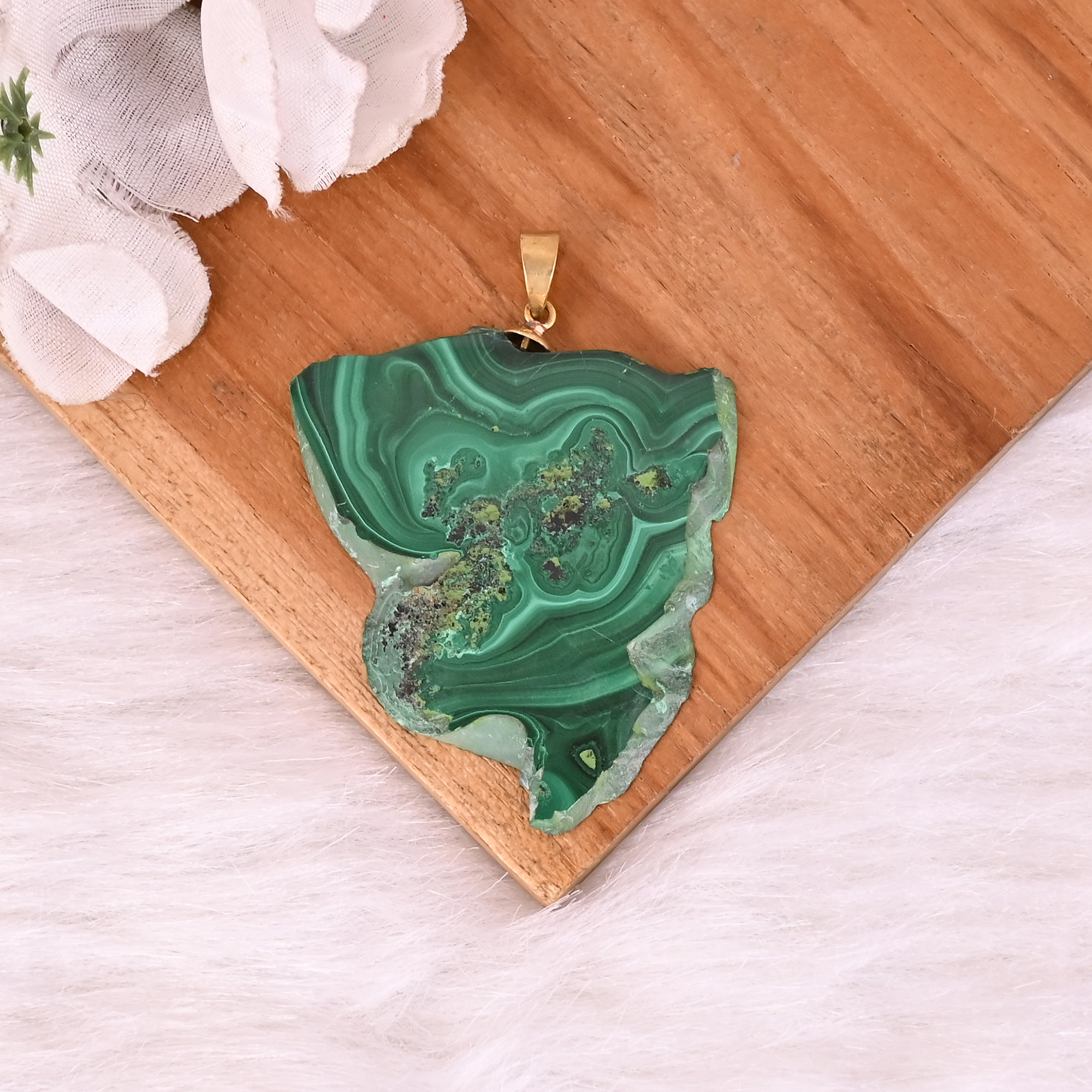 Natural Malachite Stalactite Brass  213 gm Unique Green Stone Pendant