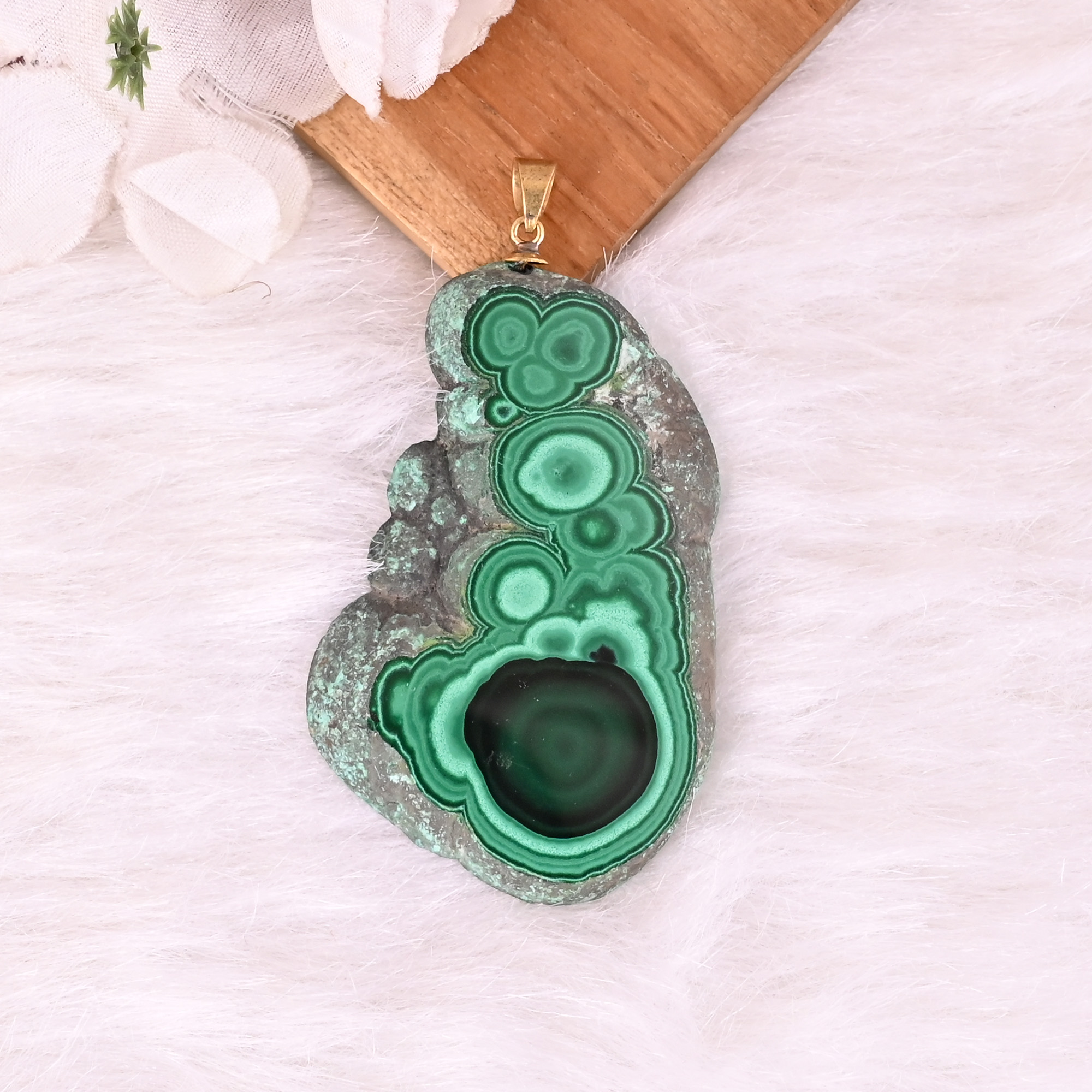 Natural Malachite Stalactite Brass 364 gm Unique Green Stone Pendant