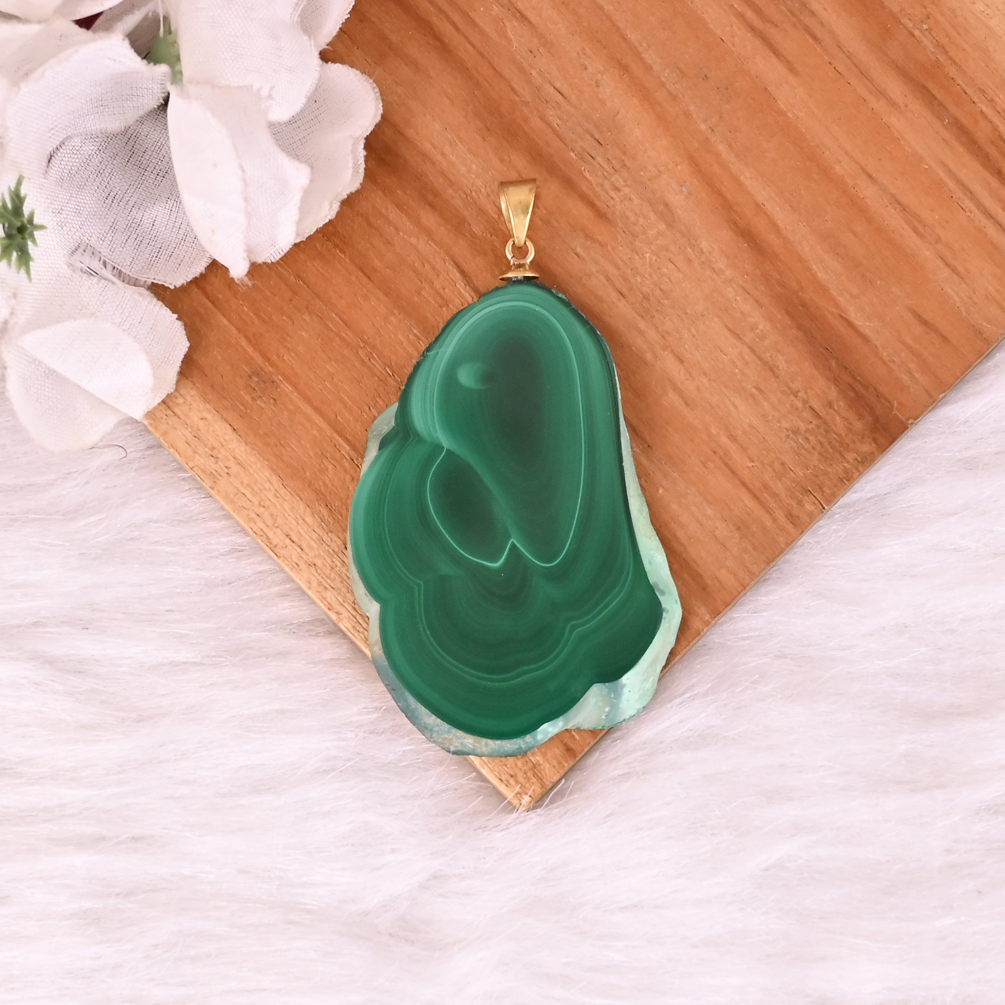 Natural Malachite Stalactite Brass 315 gm Unique Green Stone Pendant