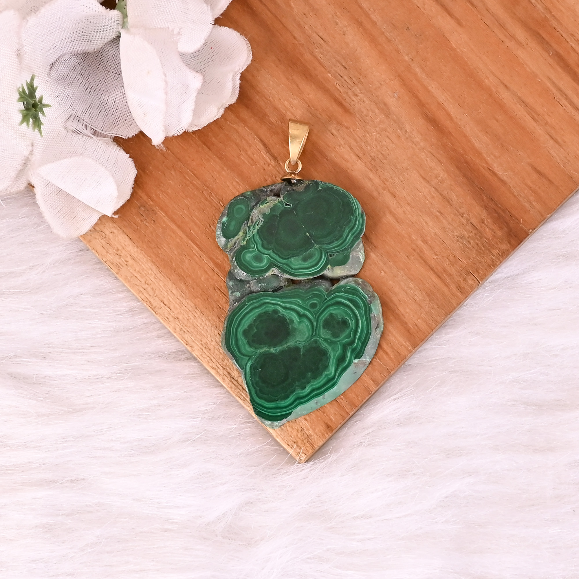 Natural Malachite Stalactite Brass Pendant 174 gm Unique Stone Jewelry