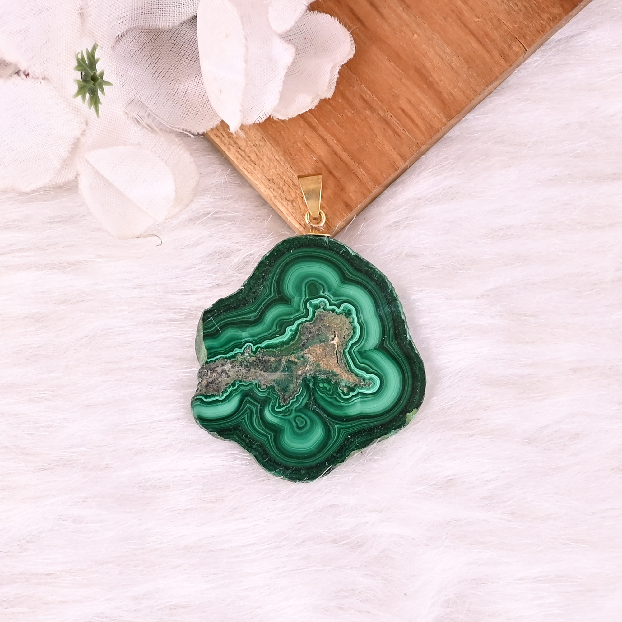 Natural Malachite Stalactite Brass Pendant 18gm Unique Stone Jewelry