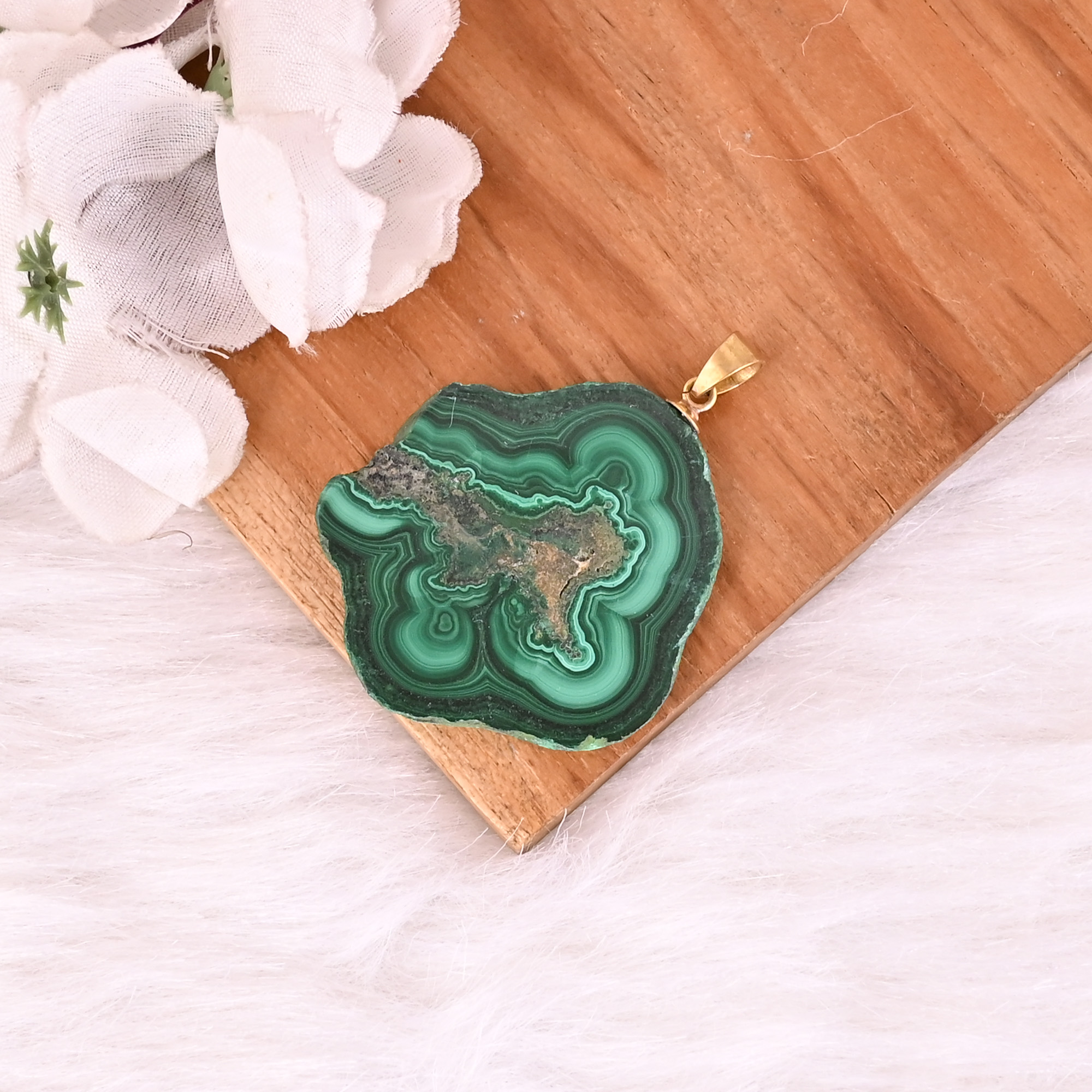 Natural Malachite Stalactite Brass Pendant 18gm Unique Stone Jewelry