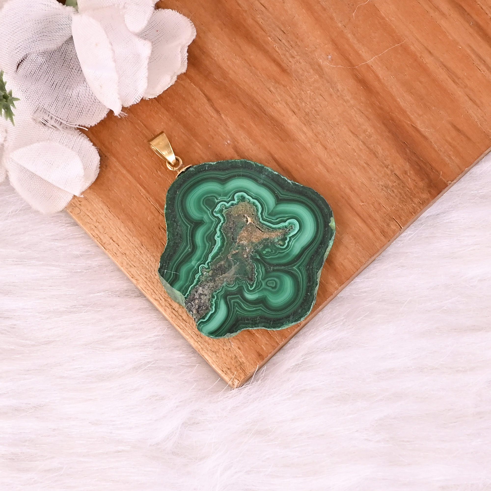 Natural Malachite Stalactite Brass Pendant 18gm Unique Stone Jewelry