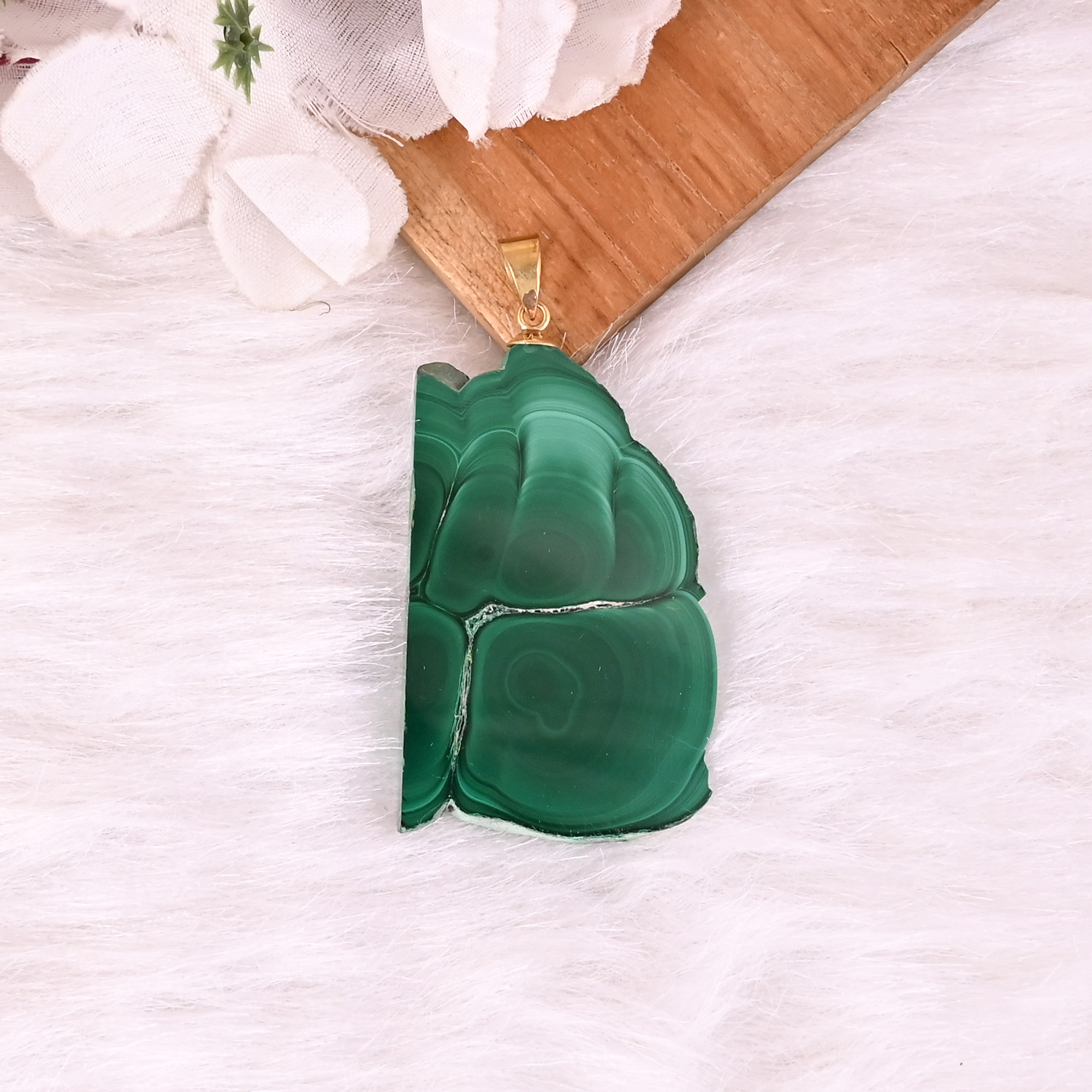 Natural Malachite Stalactite Brass 255gm Unique Green Stone Pendant
