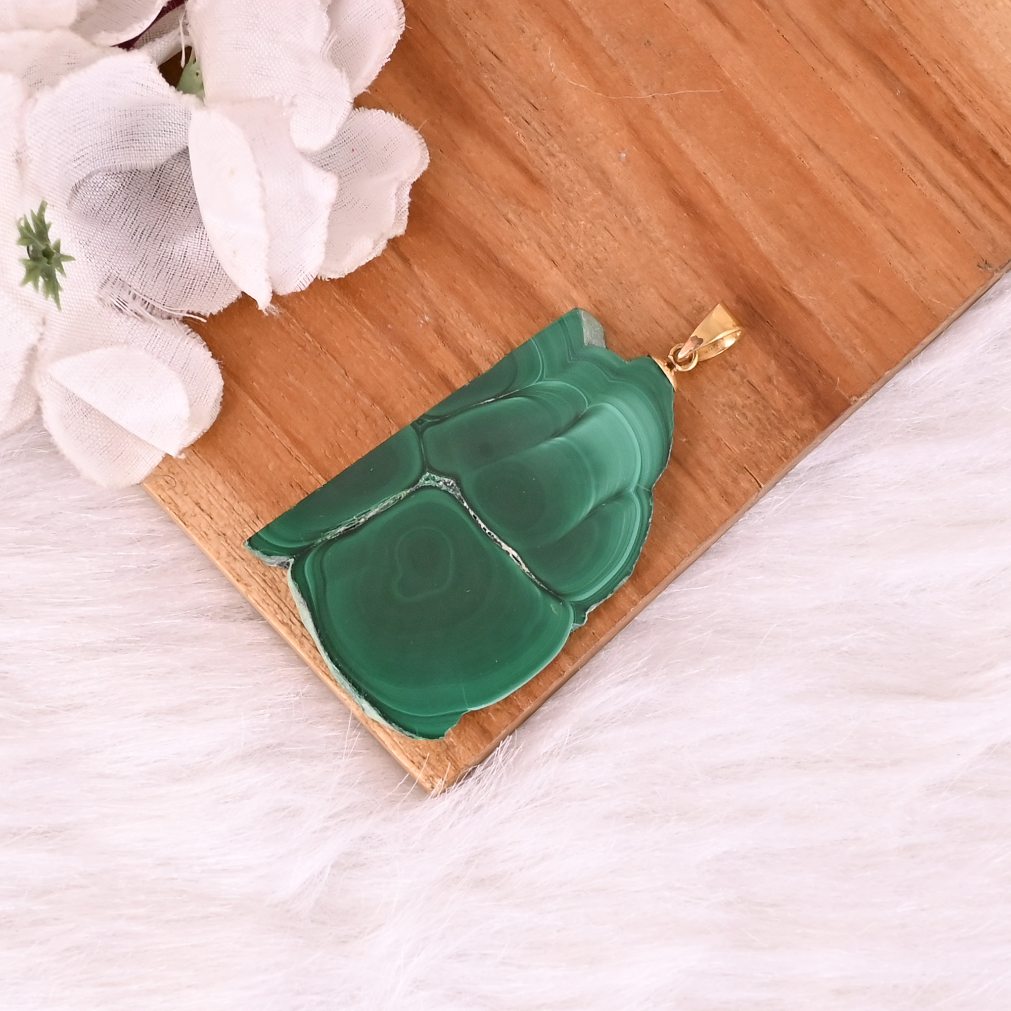 Natural Malachite Stalactite Brass  255gm Unique Green Stone Pendant