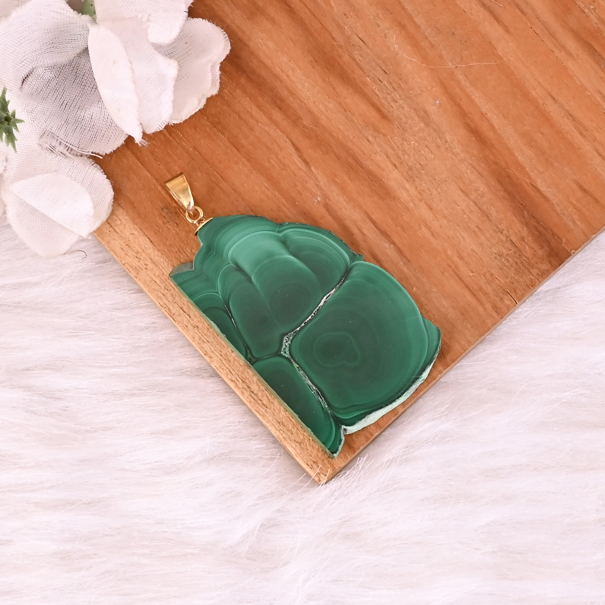 Natural Malachite Stalactite Brass  255gm Unique Green Stone Pendant