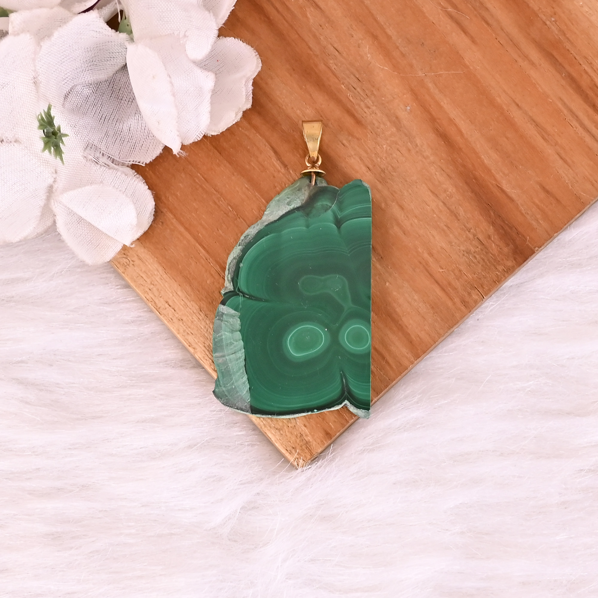 Natural Malachite Stalactite Brass  255gm Unique Green Stone Pendant