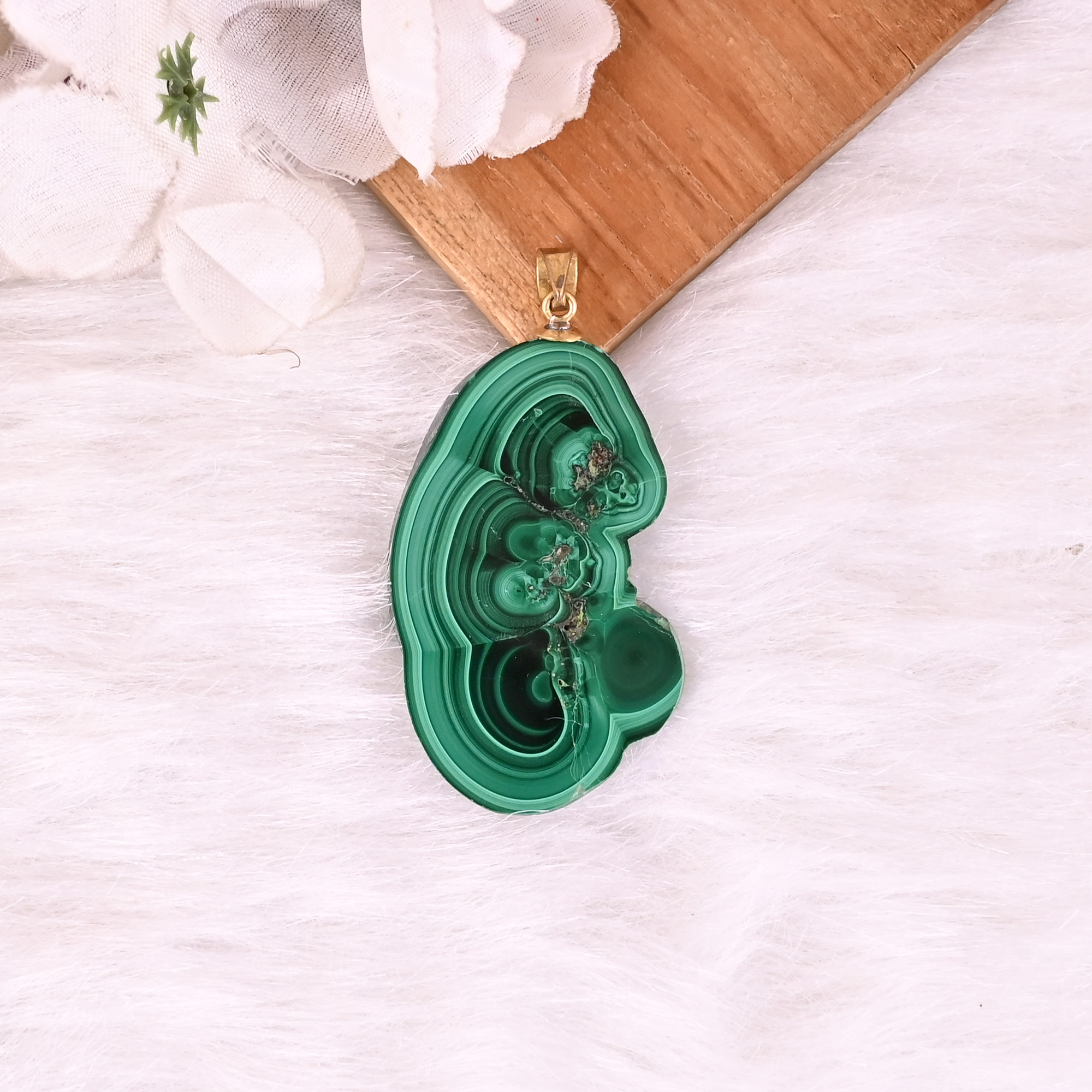 Natural Malachite Stalactite Brass Pendant 187gm Unique Stone Jewelry