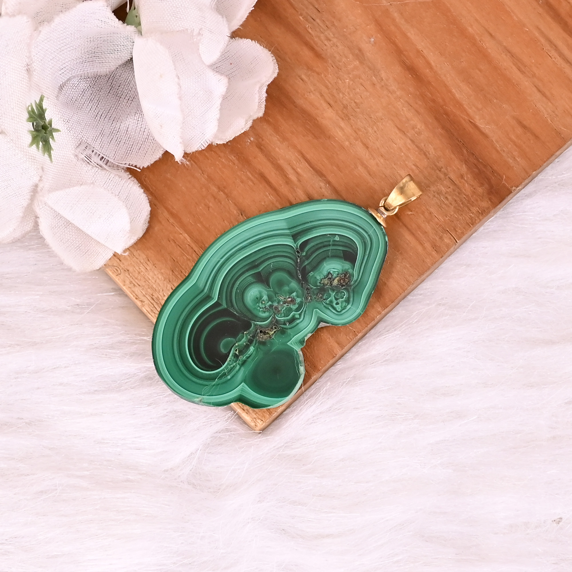 Natural Malachite Stalactite Brass Pendant 187gm Unique Stone Jewelry
