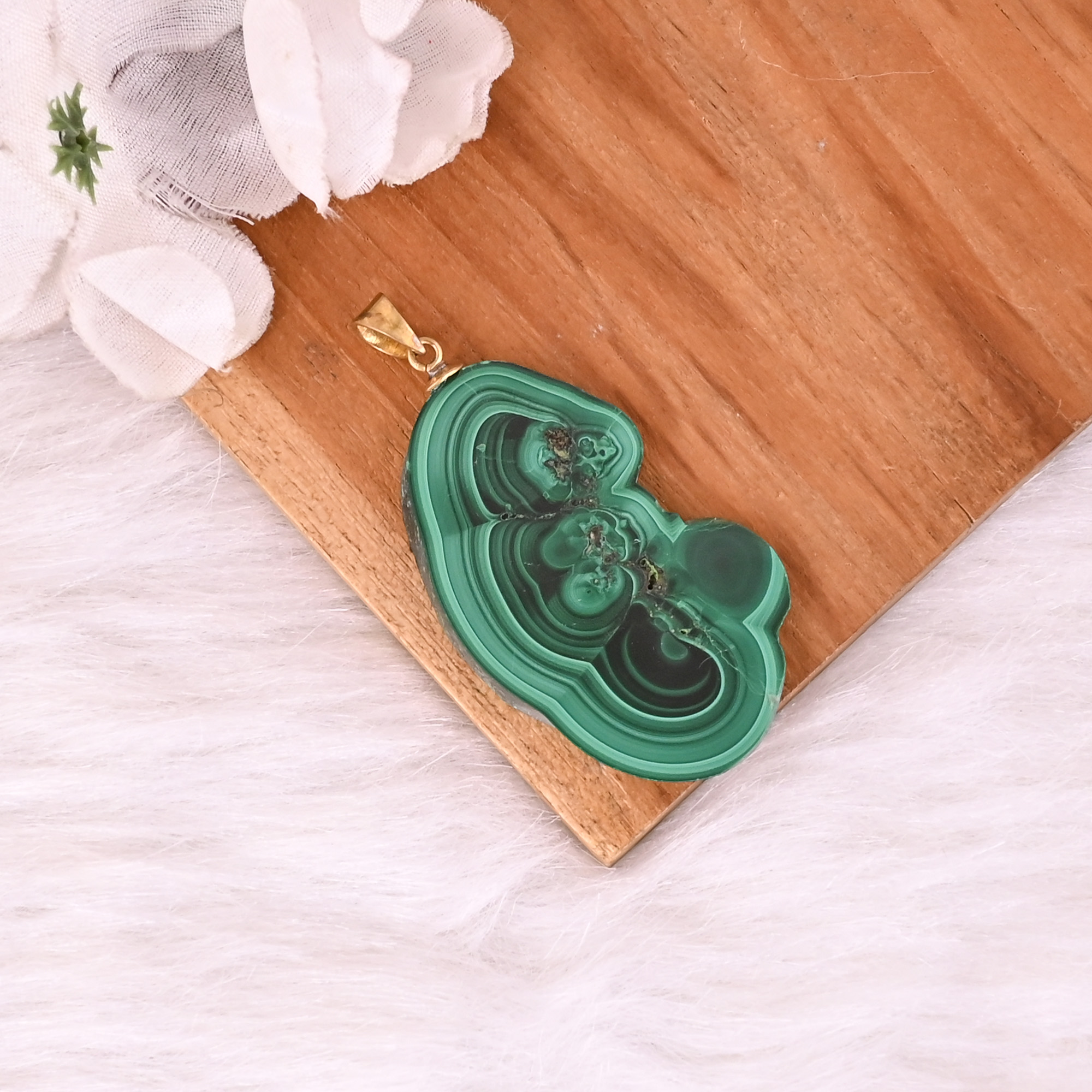 Natural Malachite Stalactite Brass Pendant 187gm Unique Stone Jewelry