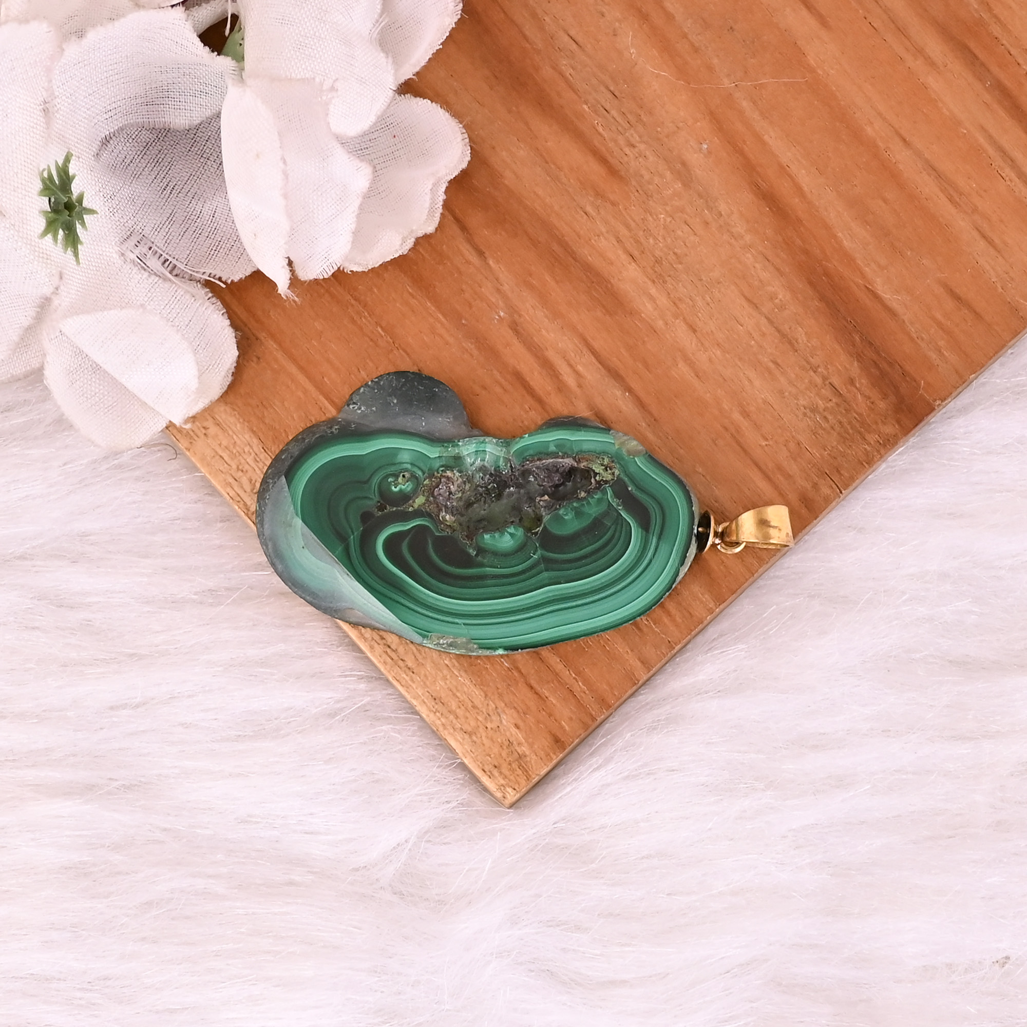Natural Malachite Stalactite Brass Pendant 187gm Unique Stone Jewelry