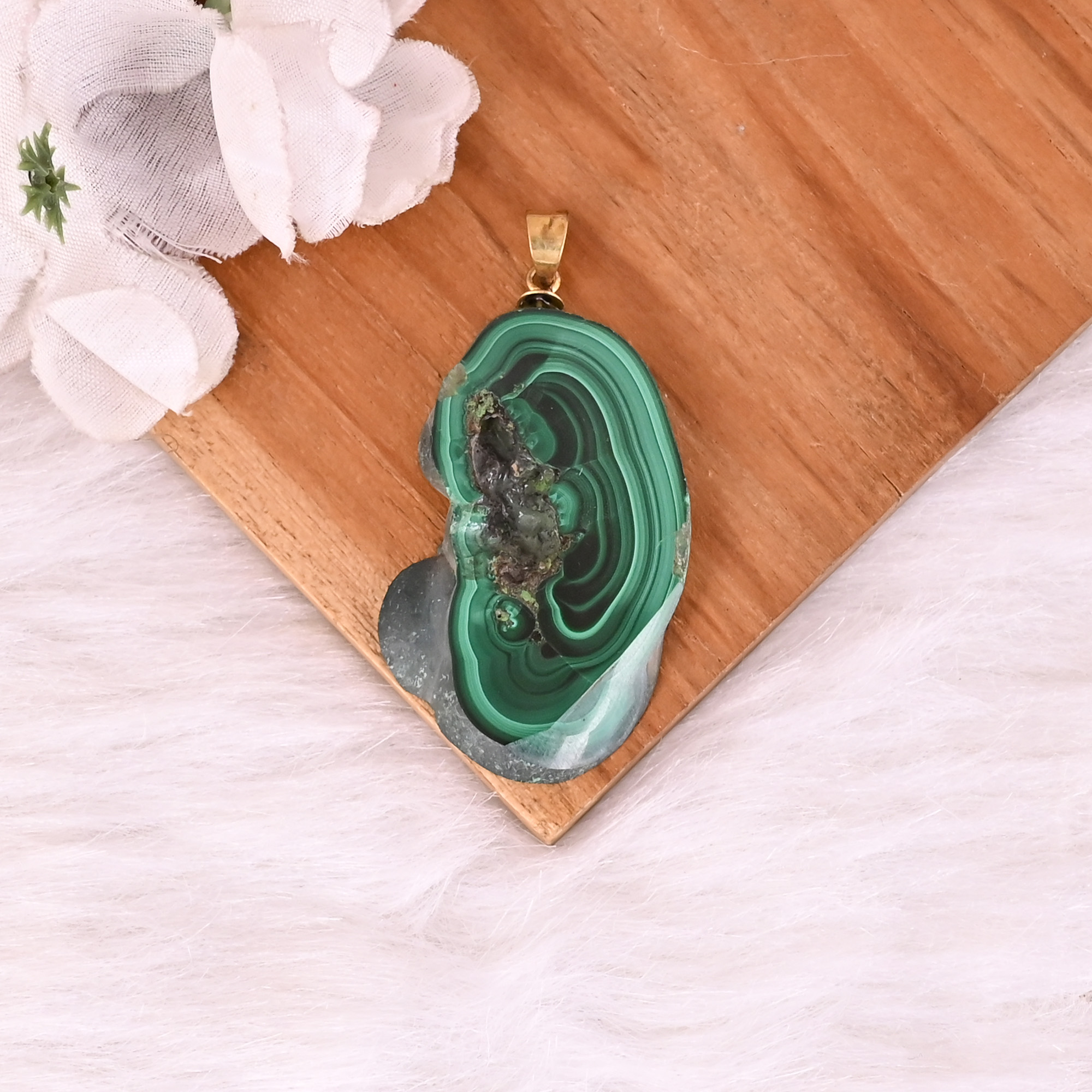 Natural Malachite Stalactite Brass Pendant 187gm Unique Stone Jewelry