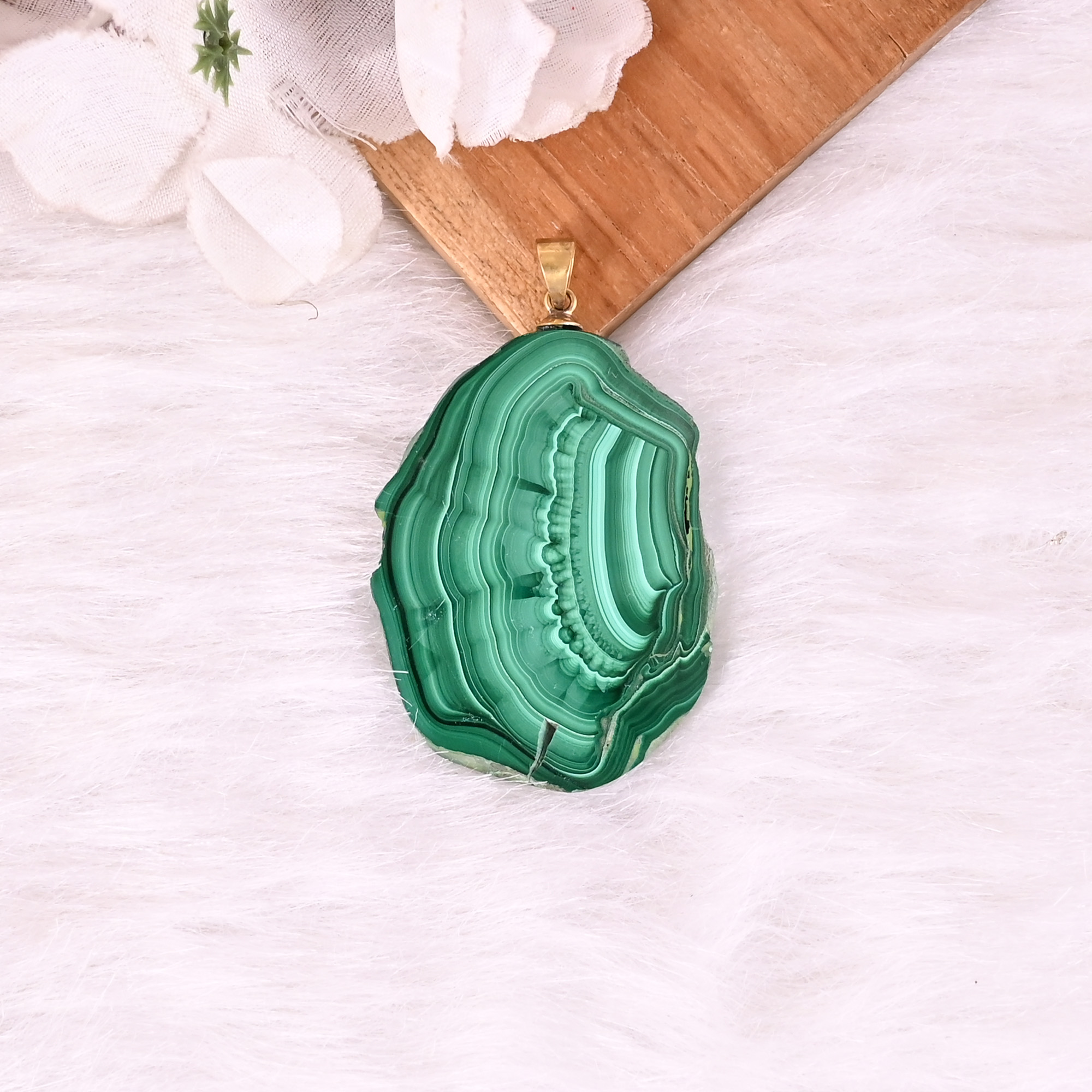 Natural Malachite Stalactite Brass 227 gm Unique Green Stone Pendant