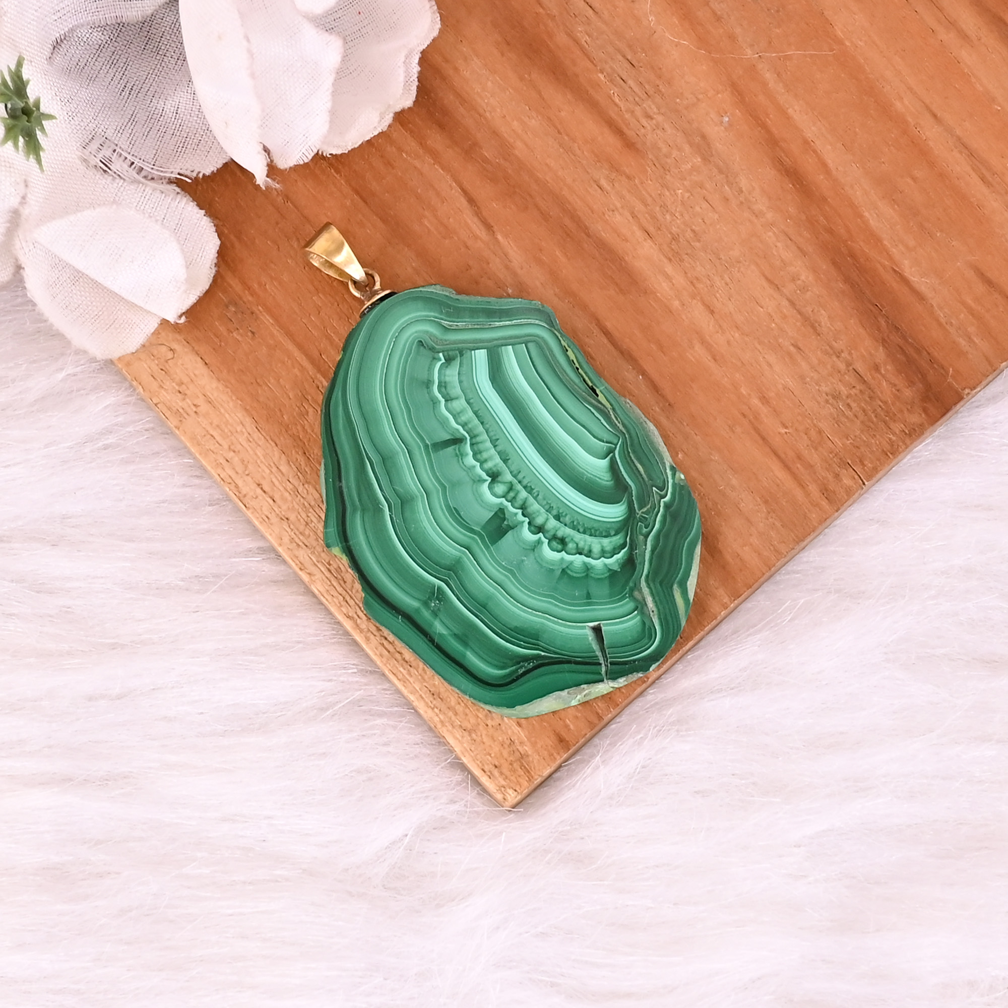 Natural Malachite Stalactite Brass 227 gm Unique Green Stone Pendant