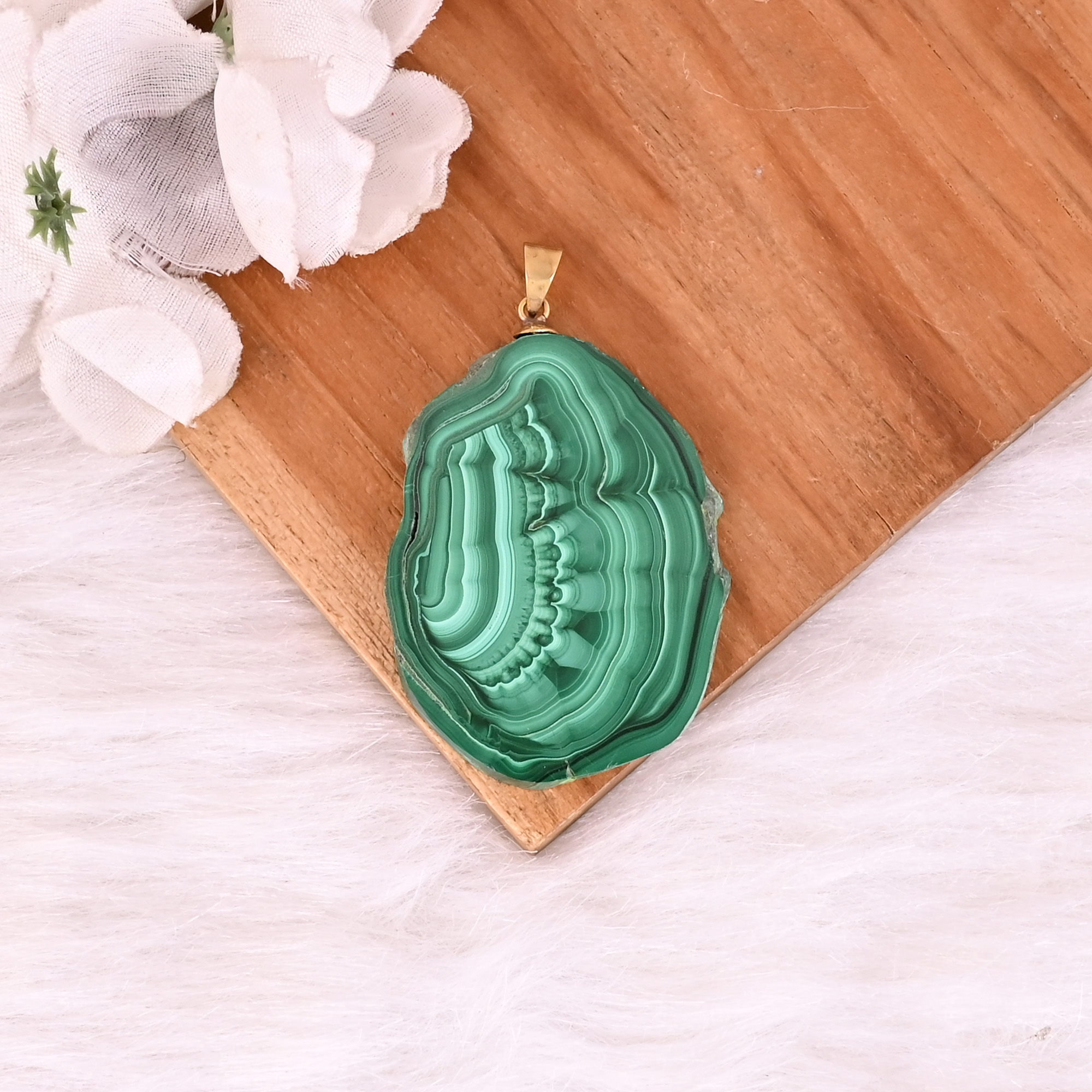 Natural Malachite Stalactite Brass 227 gm Unique Green Stone Pendant