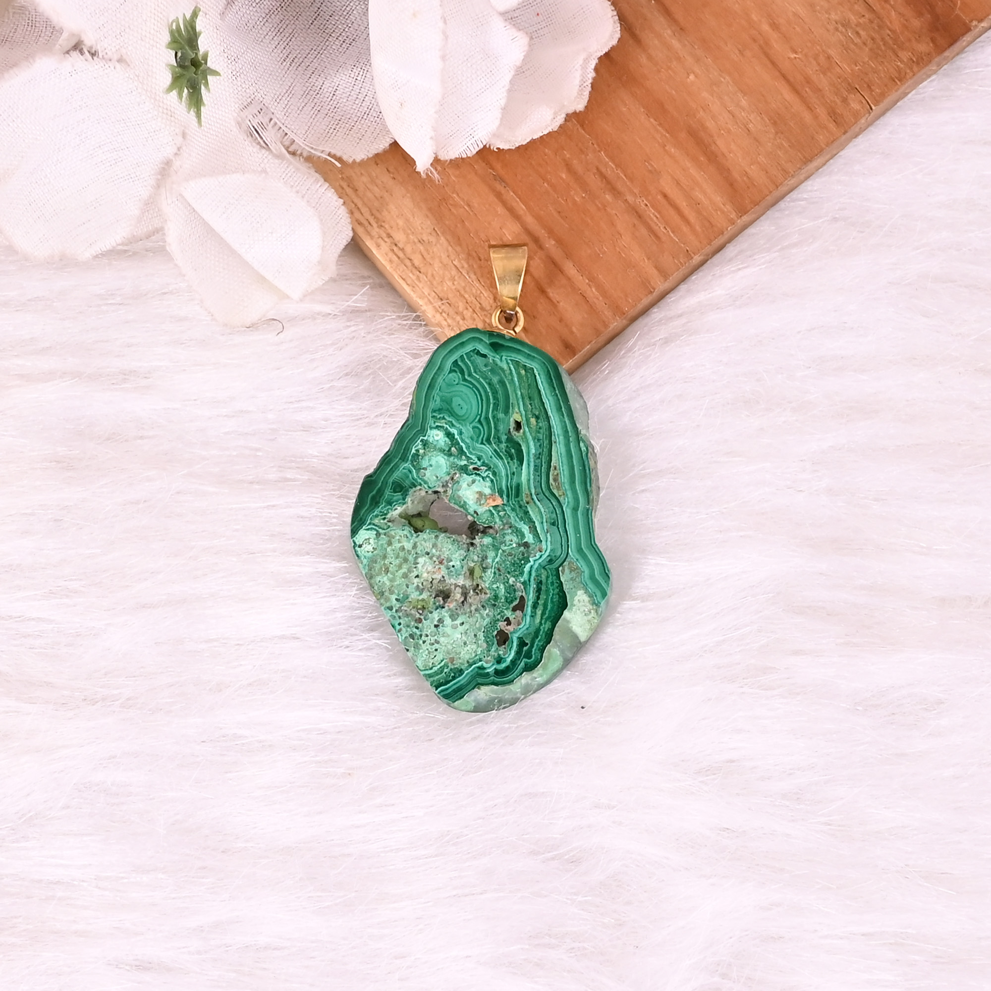 Natural Malachite Stalactite Brass 124 gm Unique Green Stone Pendant