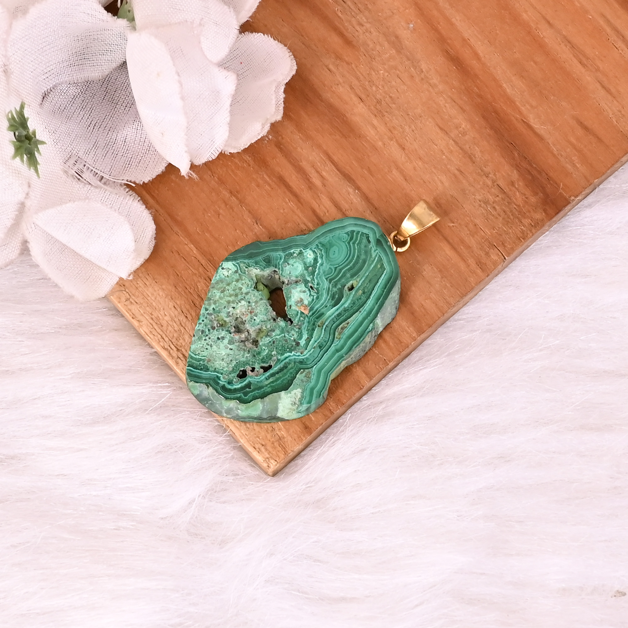 Natural Malachite Stalactite Brass  124 gm Unique Green Stone Pendant