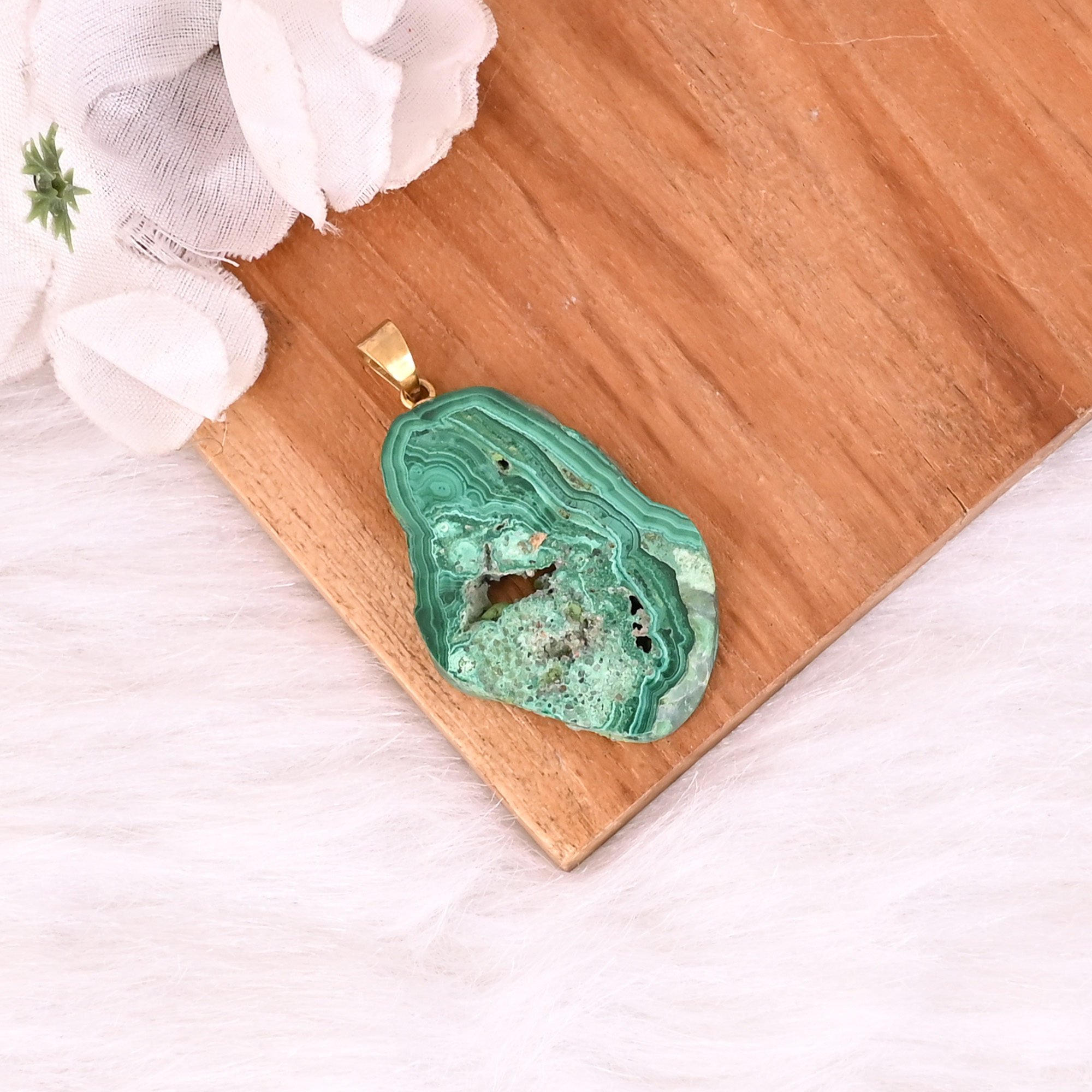 Natural Malachite Stalactite Brass  124 gm Unique Green Stone Pendant