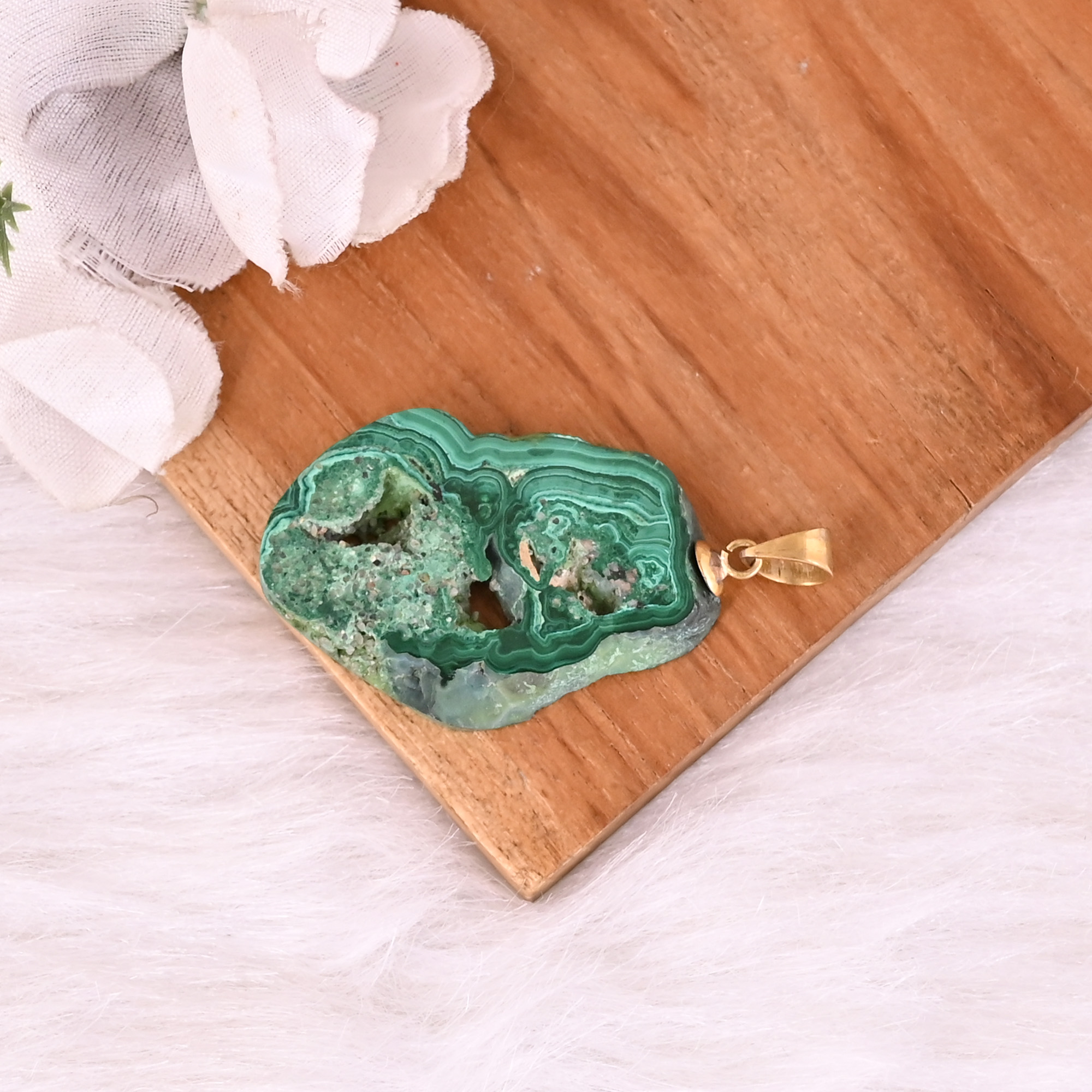 Natural Malachite Stalactite Brass 124 gm Unique Green Stone Pendant