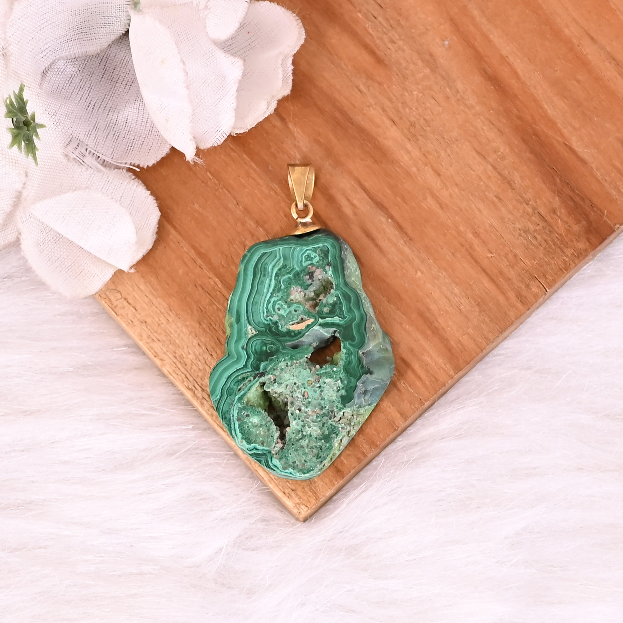 Natural Malachite Stalactite Brass 124 gm Unique Green Stone Pendant