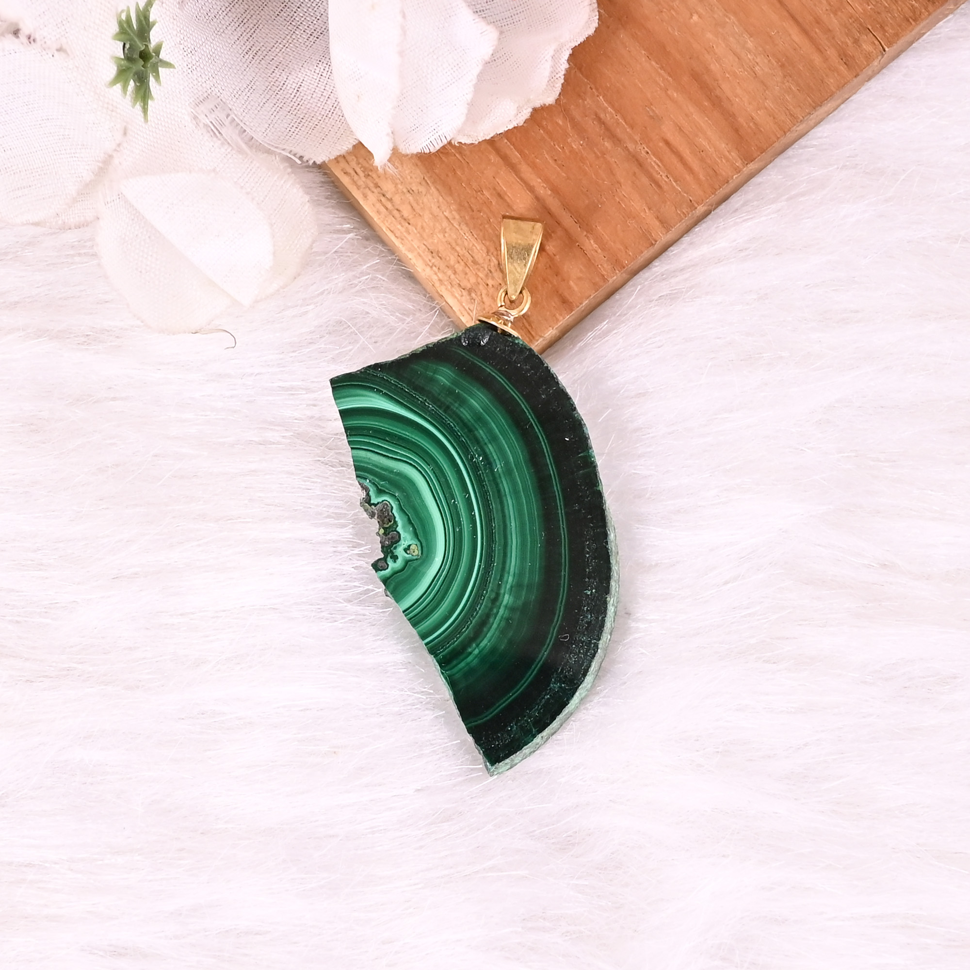 Natural Malachite Stalactite Brass Pendant 137gm Unique Stone Jewelry