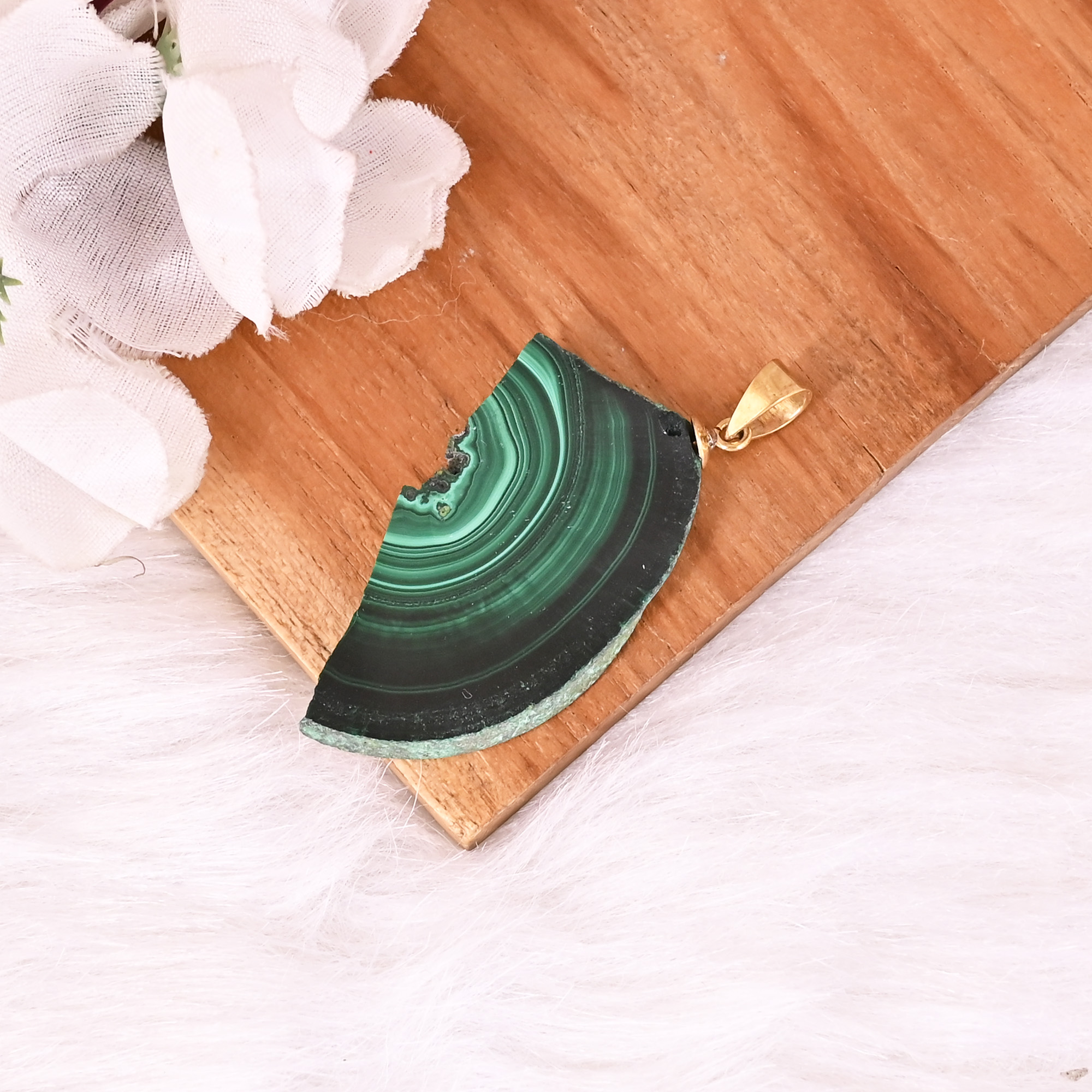 Natural Malachite Stalactite Brass Pendant 137gm Unique Stone Jewelry