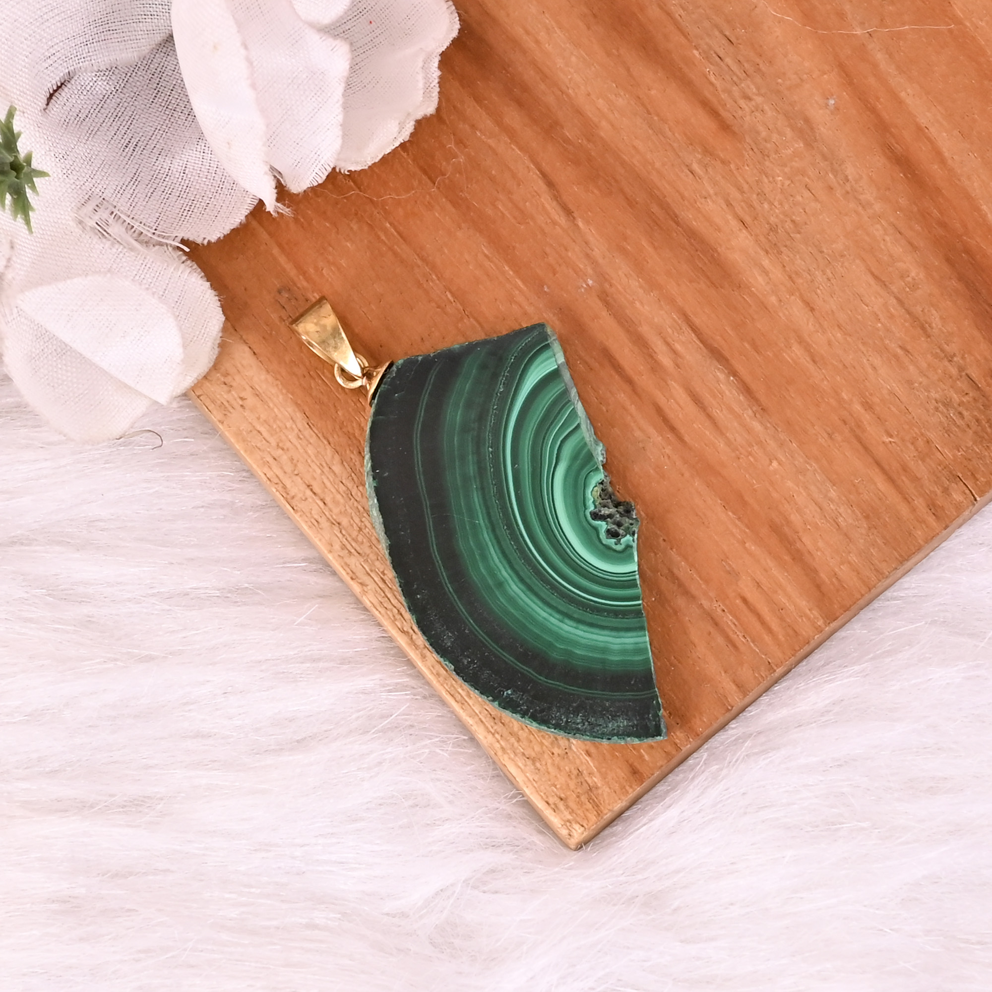 Natural Malachite Stalactite Brass Pendant 137gm Unique Stone Jewelry