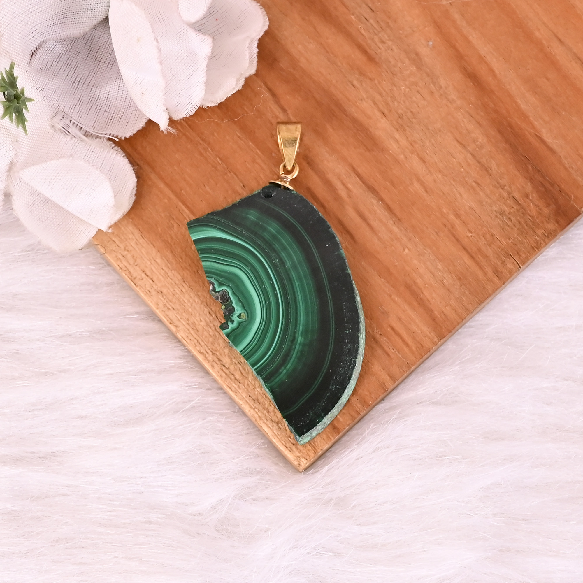 Natural Malachite Stalactite Brass Pendant 137gm Unique Stone Jewelry