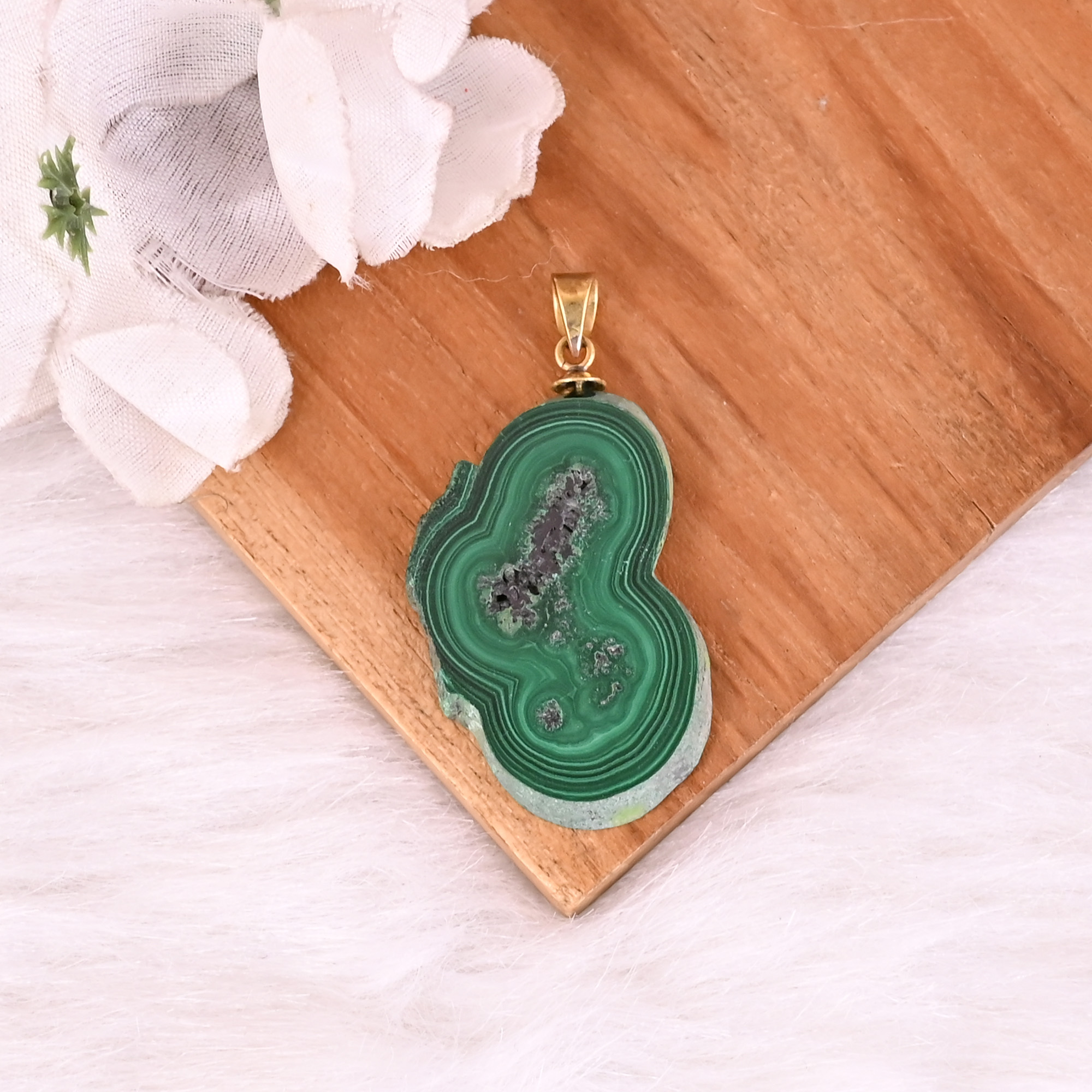 Natural Malachite Stalactite Brass 117 gm Unique Green Stone Pendant