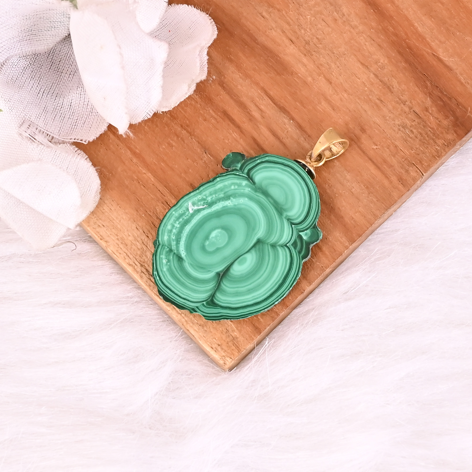 Natural Malachite Stalactite Brass  78 gm Unique Green Stone Pendant