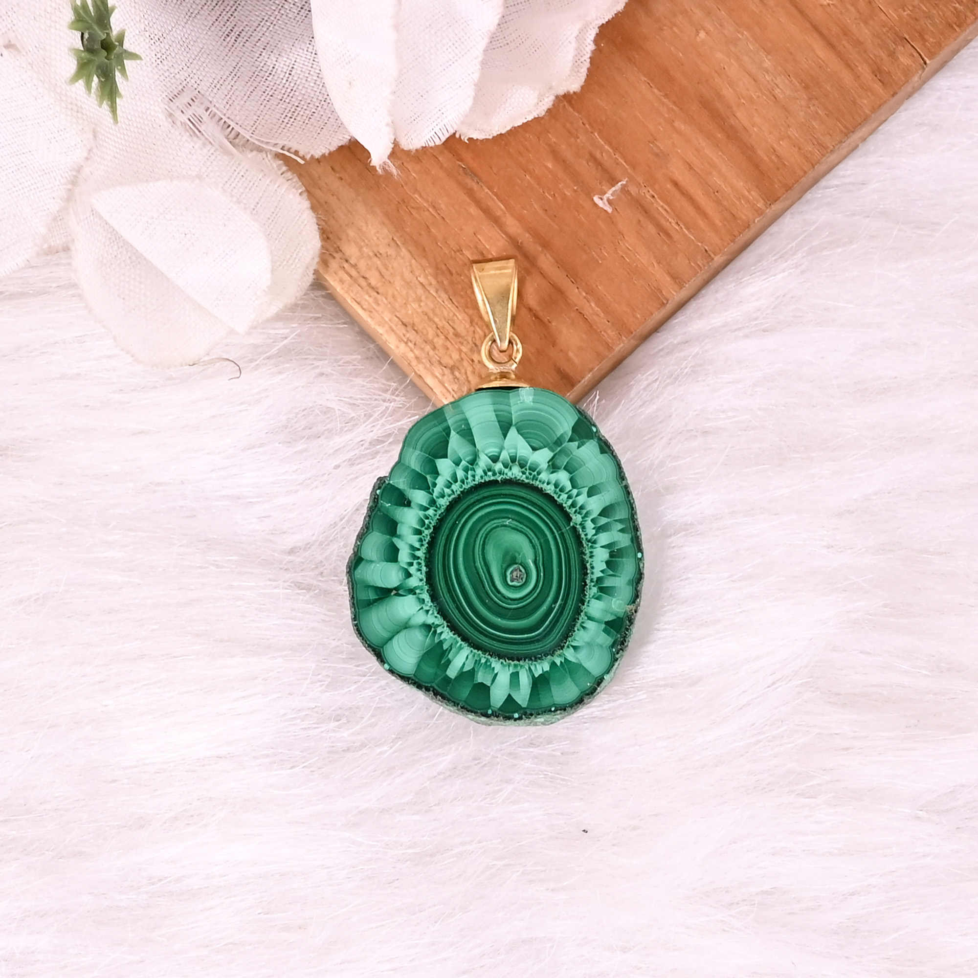 Natural Malachite Stalactite Brass  87 gm Unique Green Stone Pendant