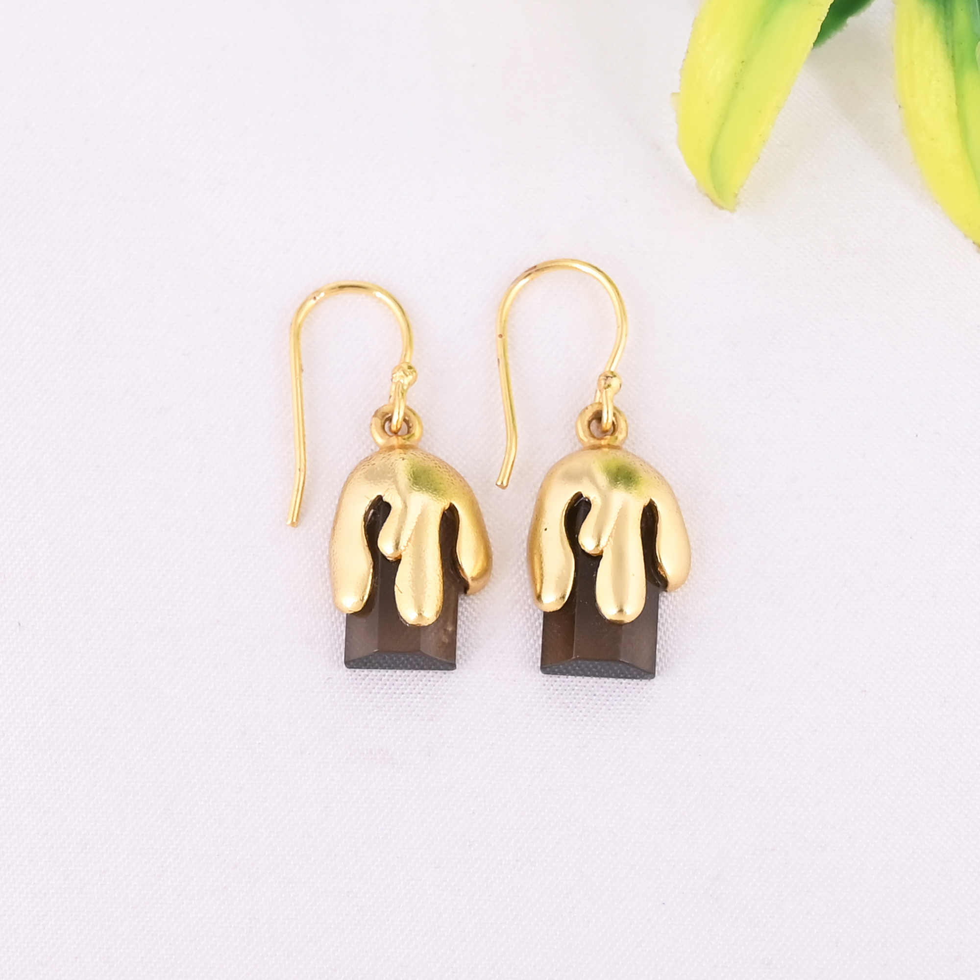Natural Smoky Quartz Gemstone 925 Sterling Silver Stylish Minimalist Drop Gold Plated Earrings