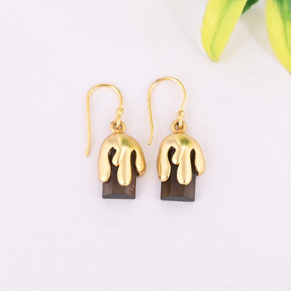 Image of Natural Smoky Quartz Gemstone 925 Sterling Silver Stylish Minimalist Drop Gold Plated Earrings