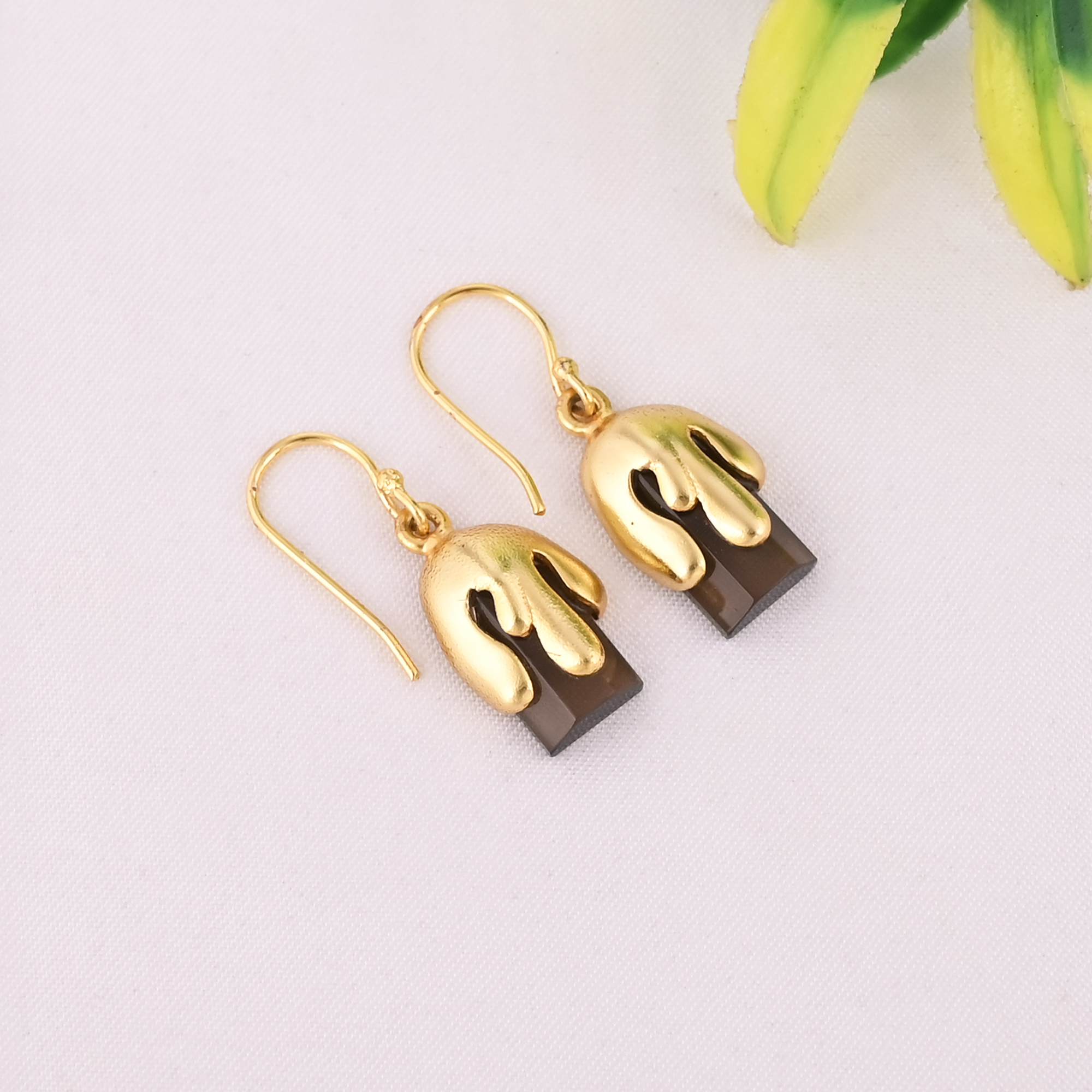 Natural Smoky Quartz Gemstone 925 Sterling Silver Stylish Minimalist Drop Gold Plated Earrings