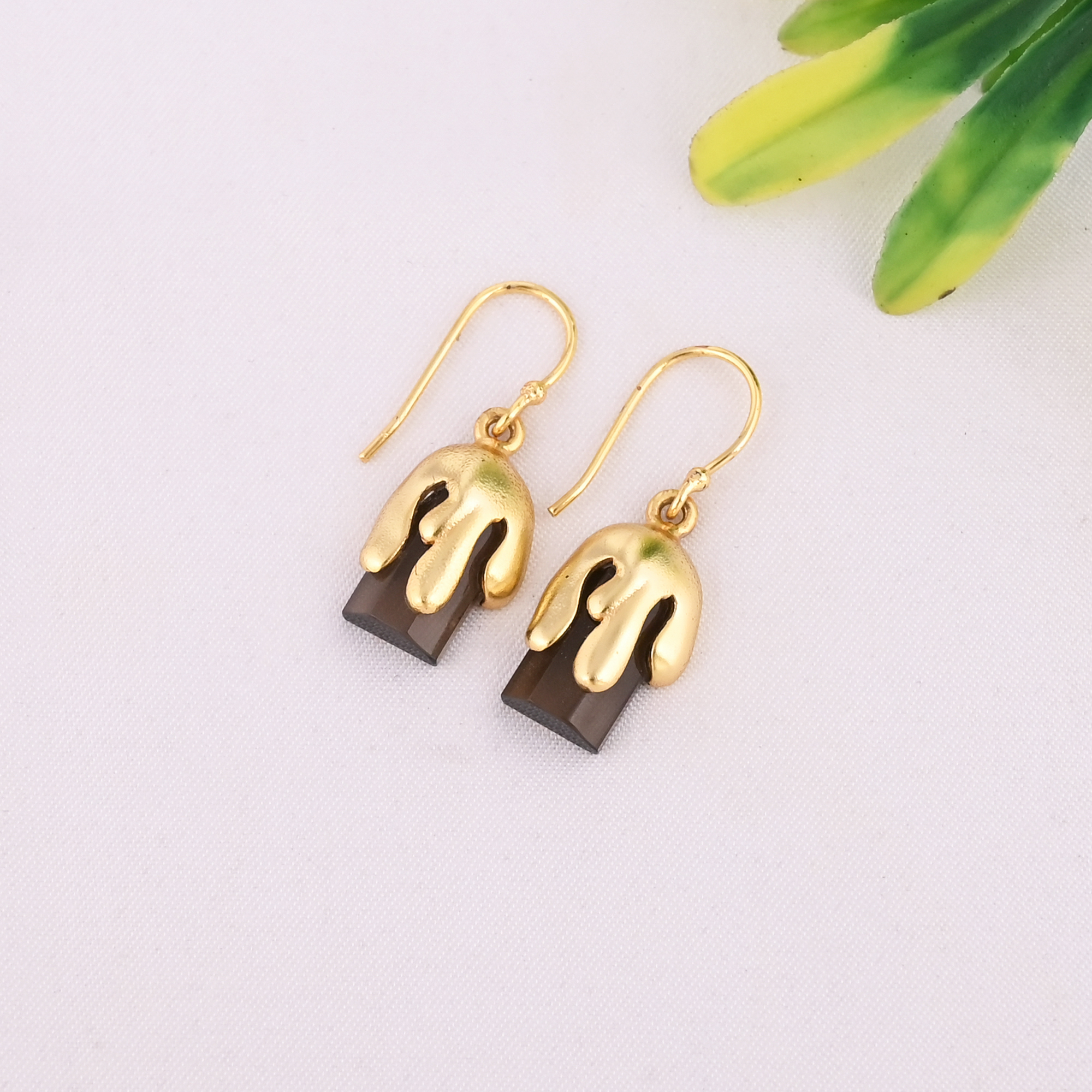 Natural Smoky Quartz Gemstone 925 Sterling Silver Stylish Minimalist Drop Gold Plated Earrings