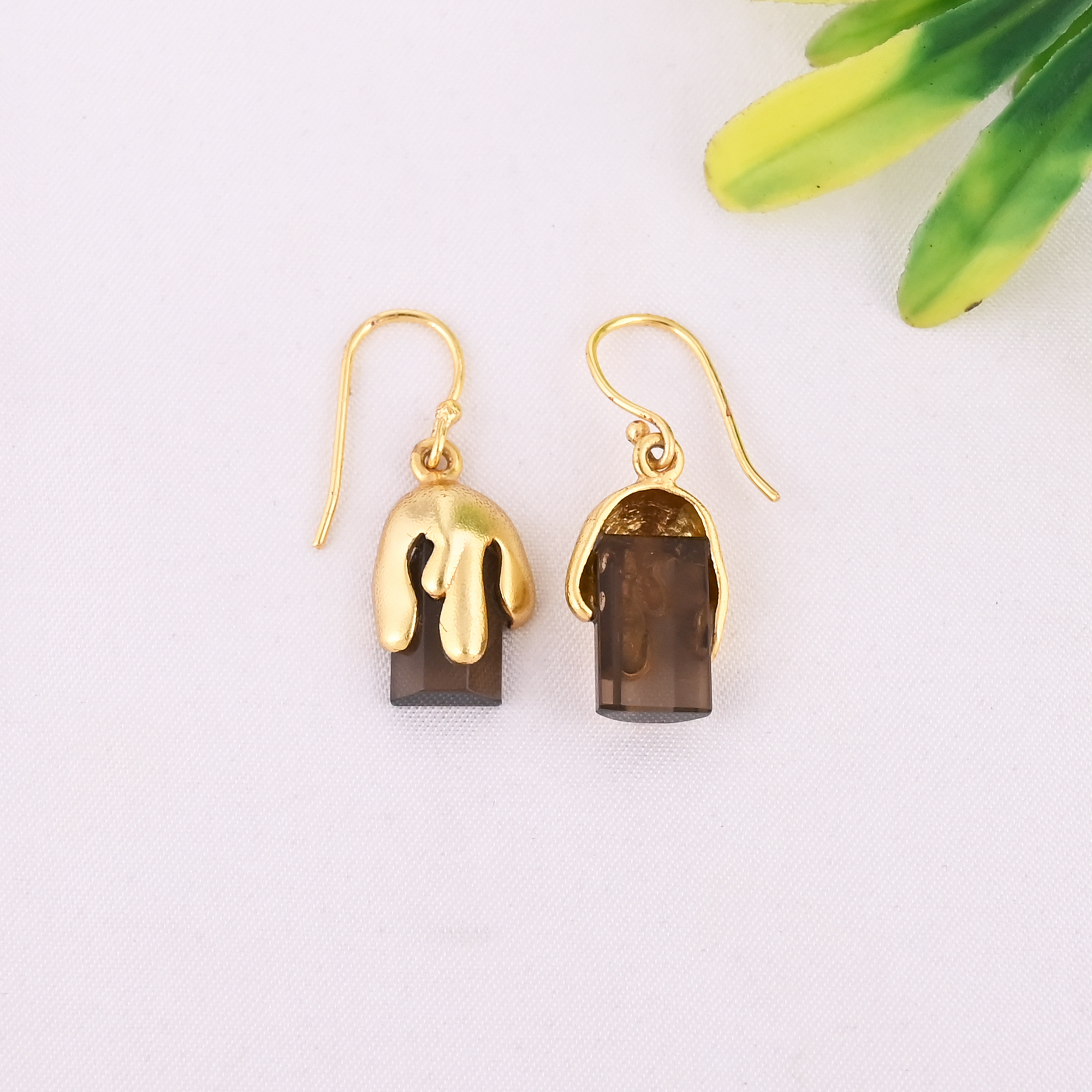 Natural Smoky Quartz Gemstone 925 Sterling Silver Stylish Minimalist Drop Gold Plated Earrings