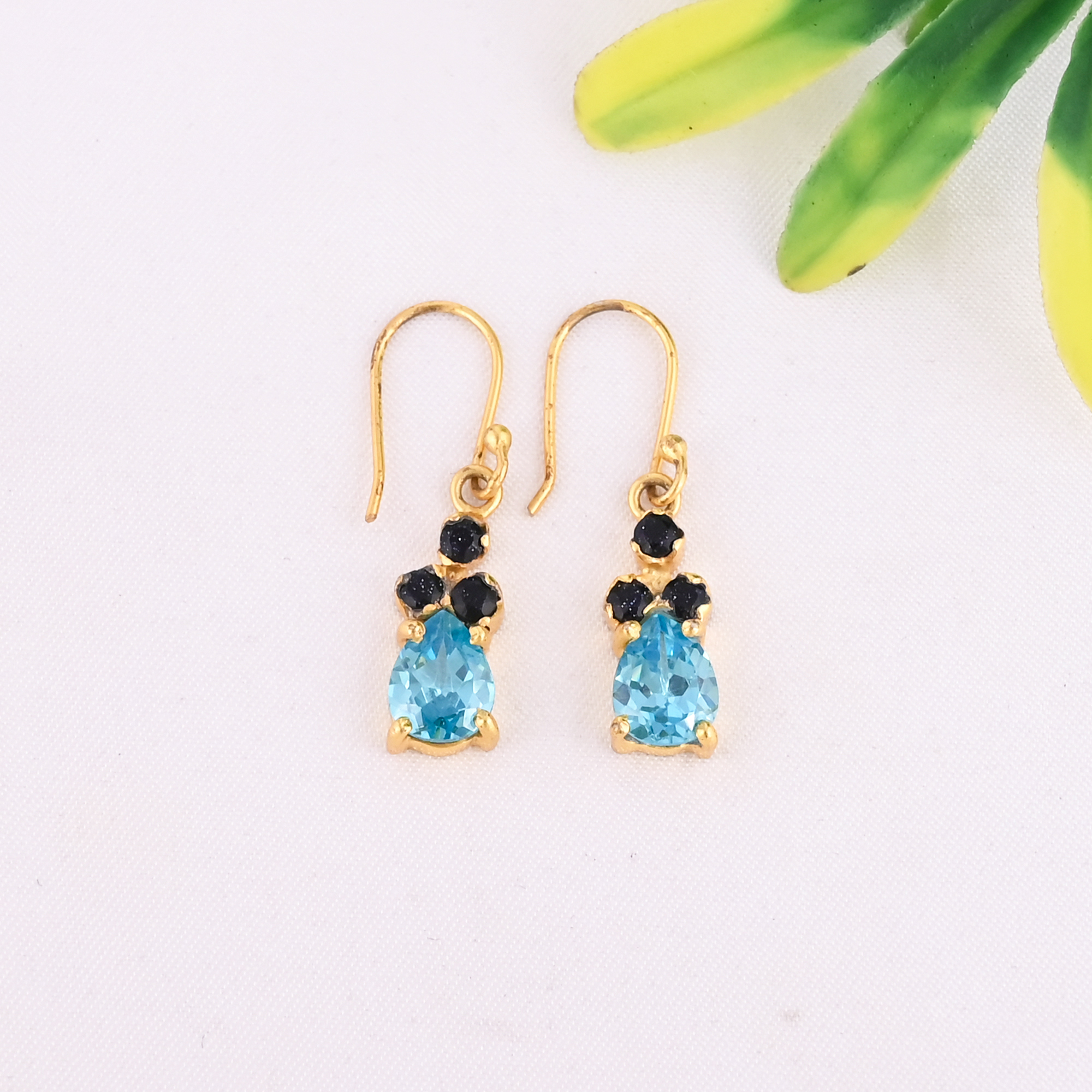 Blue Sunstone with Blue Topaz Hydro 925 Sterling Silver Designer Gold Plated Earrings for Women