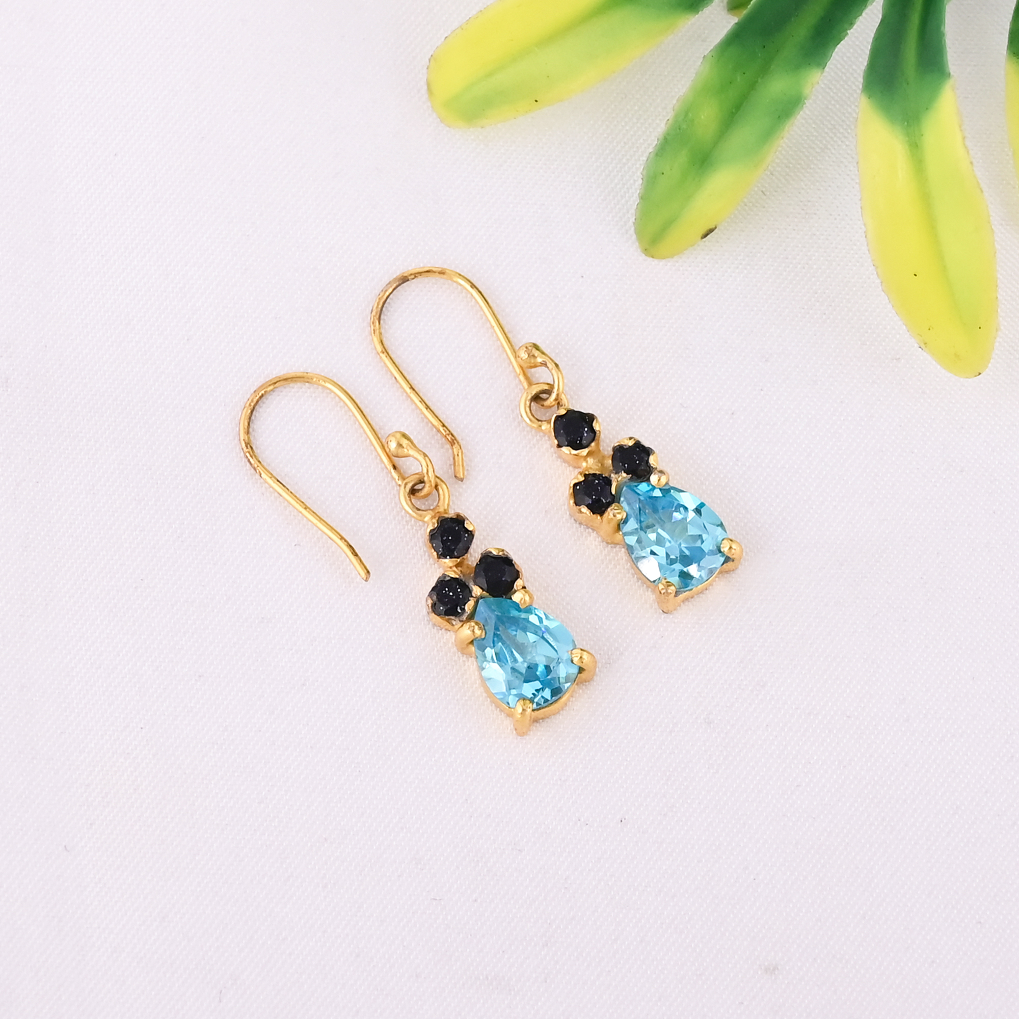 Blue Sunstone with Blue Topaz Hydro 925 Sterling Silver Designer Gold Plated Earrings for Women