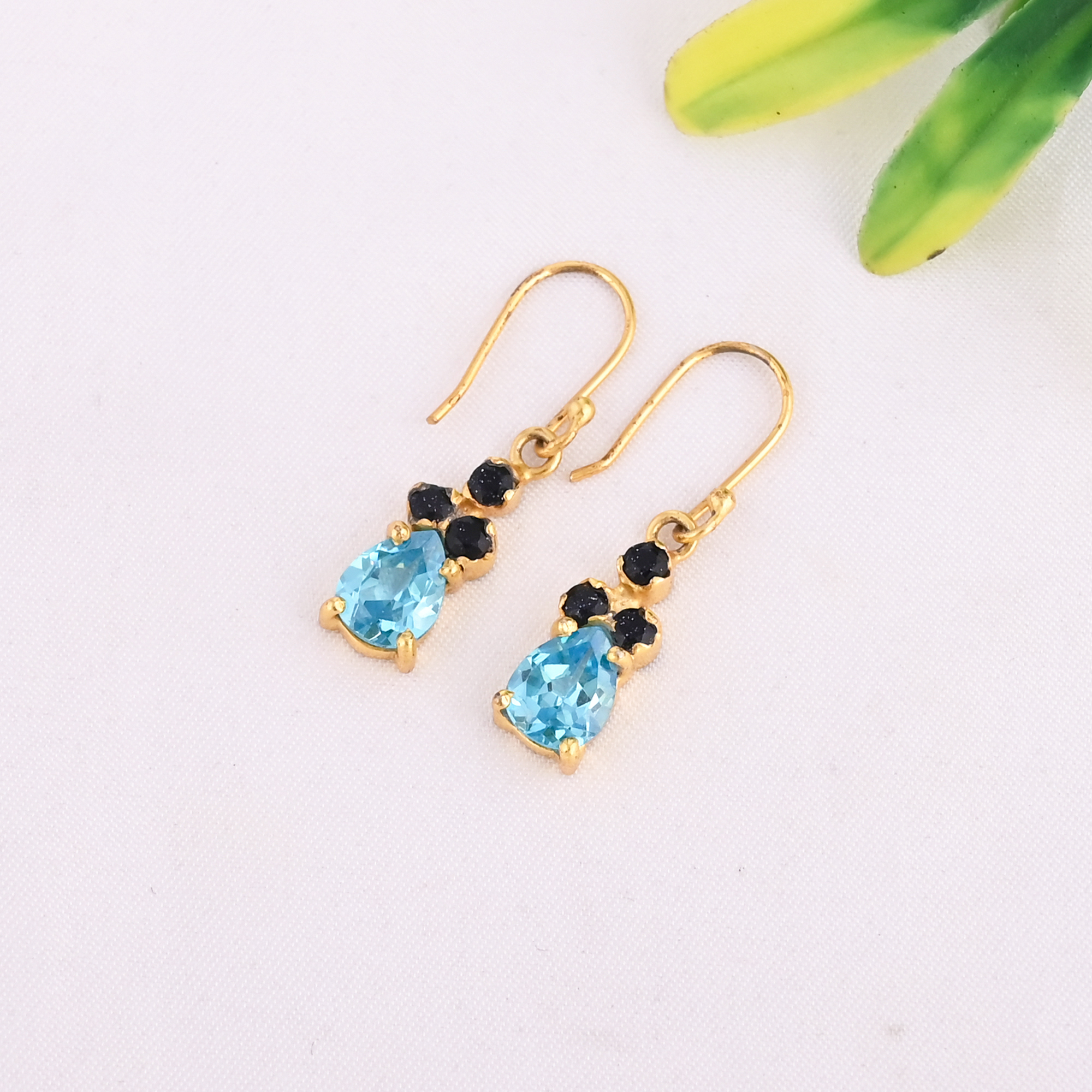 Blue Sunstone with Blue Topaz Hydro 925 Sterling Silver Designer Gold Plated Earrings for Women