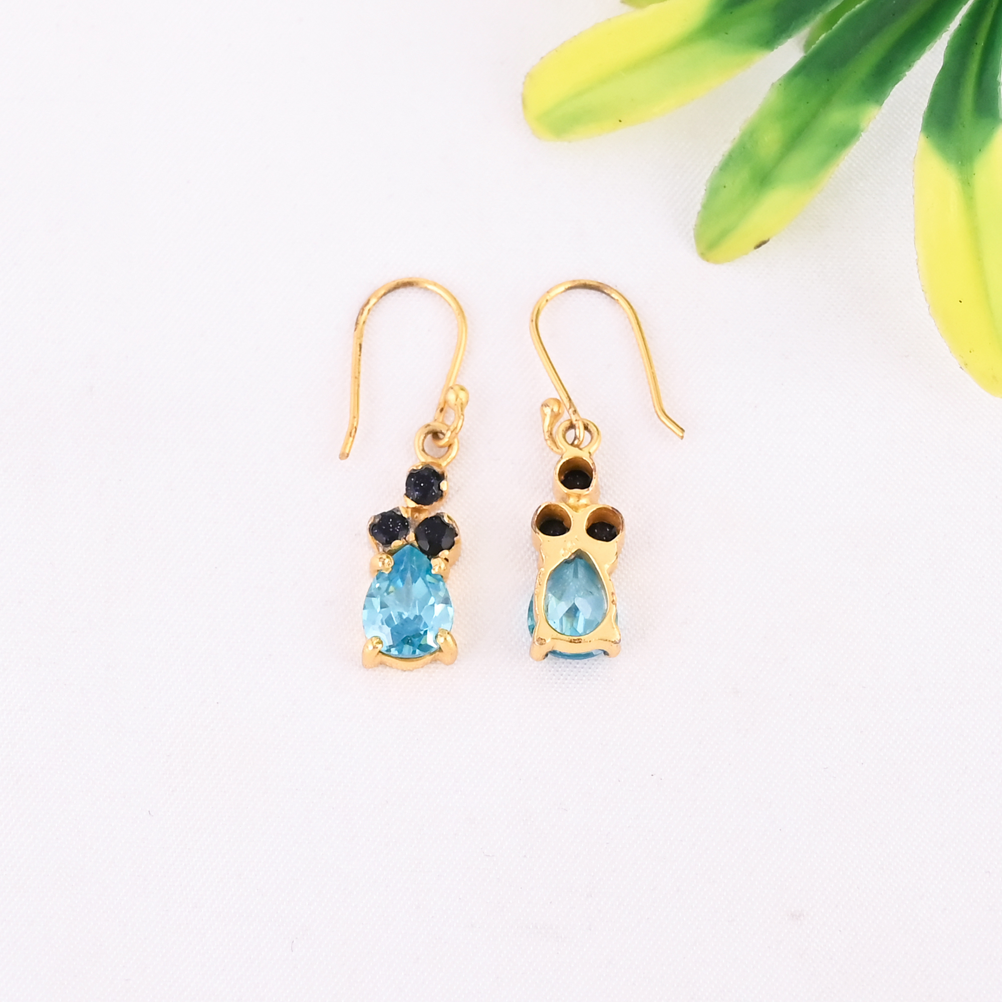 Blue Sunstone with Blue Topaz Hydro 925 Sterling Silver Designer Gold Plated Earrings for Women