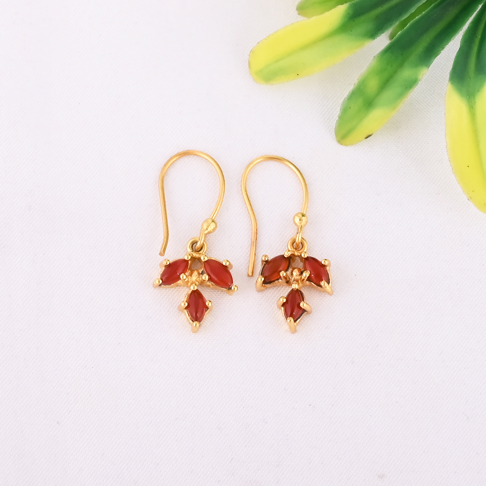 Natural Red Onyx Gemstone 925 Sterling Silver Stylish Minimalist Drop Gold Plated Earrings