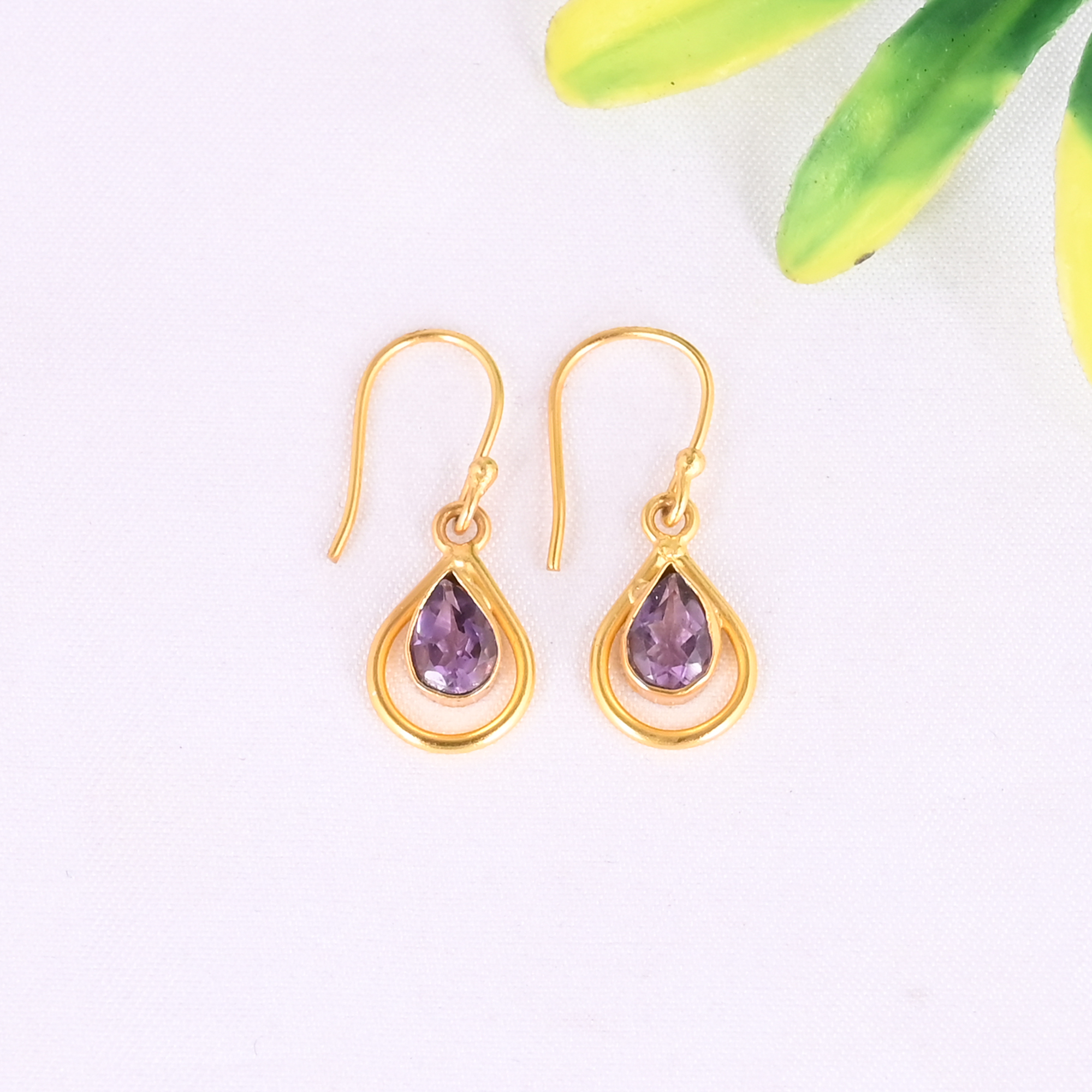 Natural Purple Amethyst Gemstone 925 Sterling Silver Minimalist Drop Gold Plated Earrings for Women