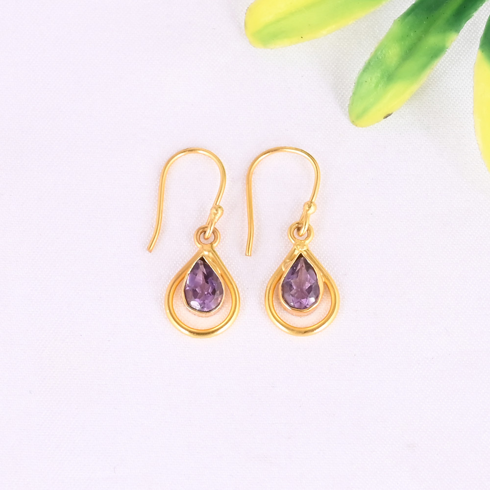 Image of Natural Purple Amethyst Gemstone 925 Sterling Silver Minimalist Drop Gold Plated Earrings for Women