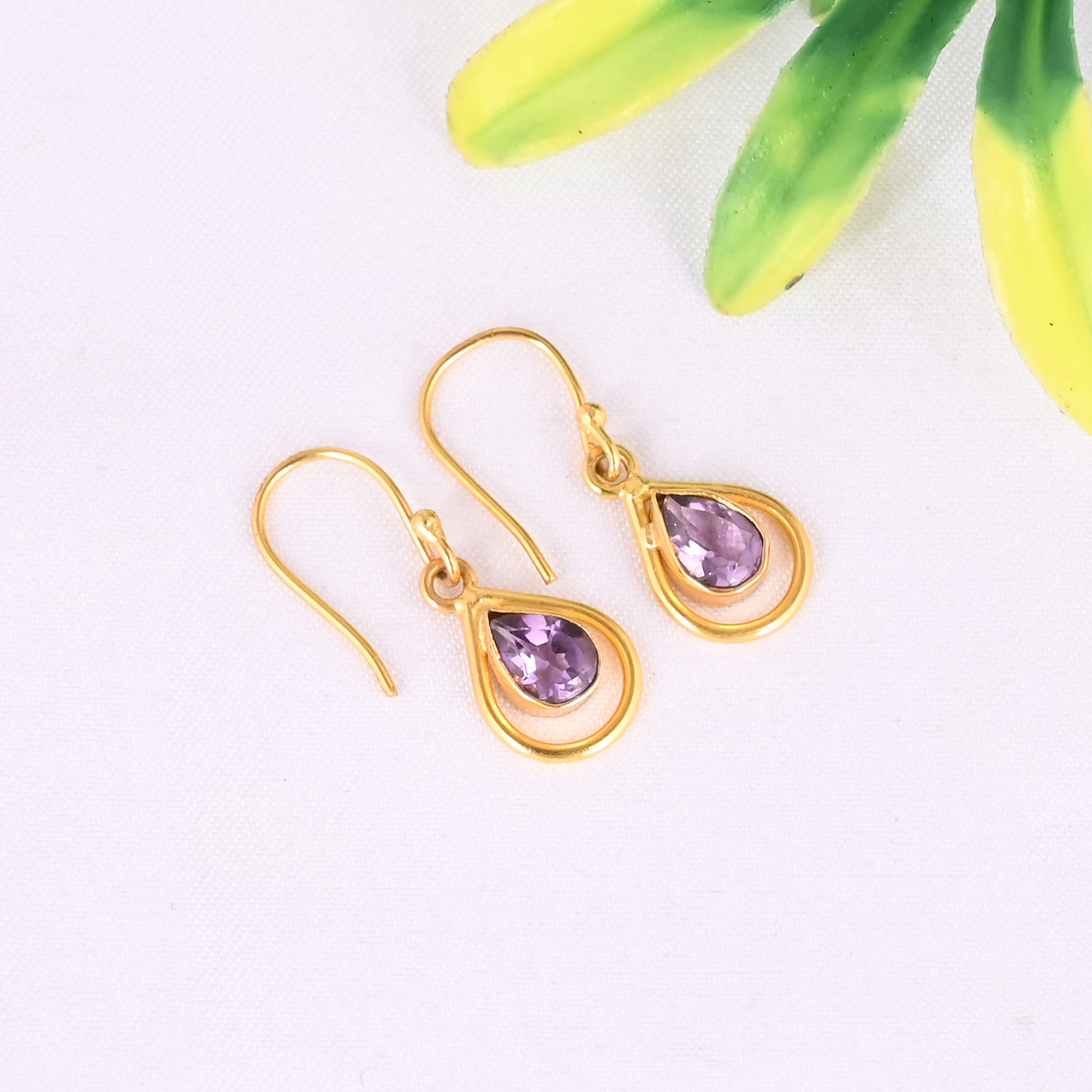 Natural Purple Amethyst Gemstone 925 Sterling Silver Minimalist Drop Gold Plated Earrings for Women