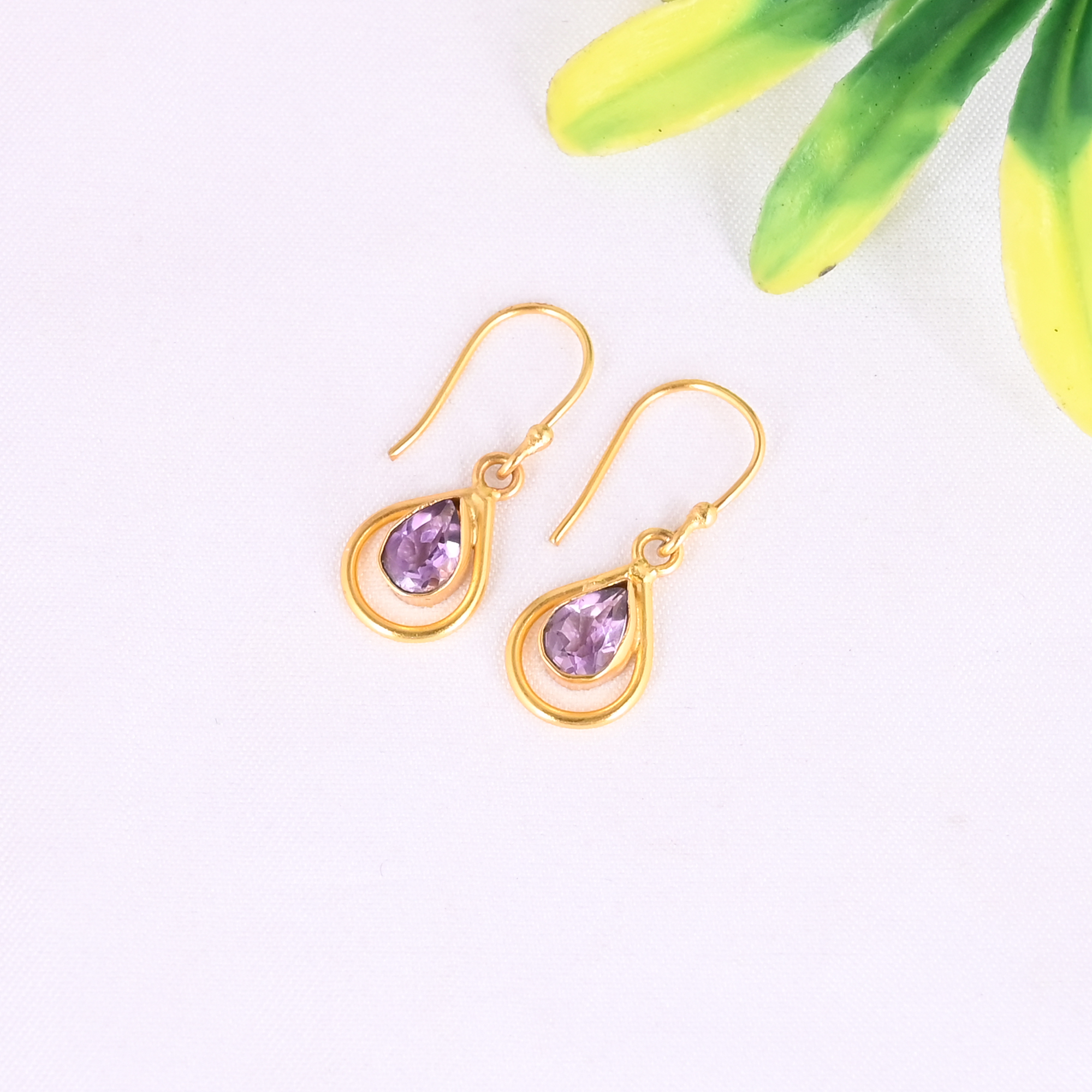 Natural Purple Amethyst Gemstone 925 Sterling Silver Minimalist Drop Gold Plated Earrings for Women